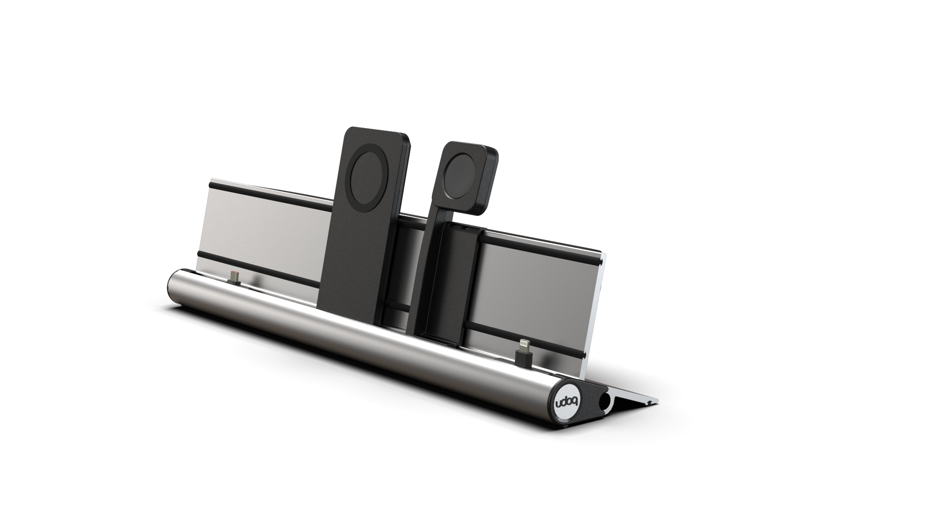 udoq 400 PREMIUM WATCH silber - 4 fach Ladestation gefräst und eloxiert aus solidem Aluminium. Exklusives Design mit patentierten verschiebbaren Anschlüssen. Lade platzsparend alle iPad, iPhone, AirPods, Apple Watch und Android Geräte mit bis zu 136W.
