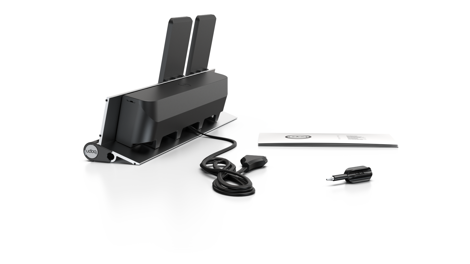 udoq 400 Wireless silber - 4 fach Ladestation gefräst und eloxiert aus solidem Aluminium. Exklusives Design mit patentierten verschiebbaren Anschlüssen. Lade platzsparend alle iPad, iPhone, AirPods, Apple Watch und Android Geräte mit bis zu 136W.