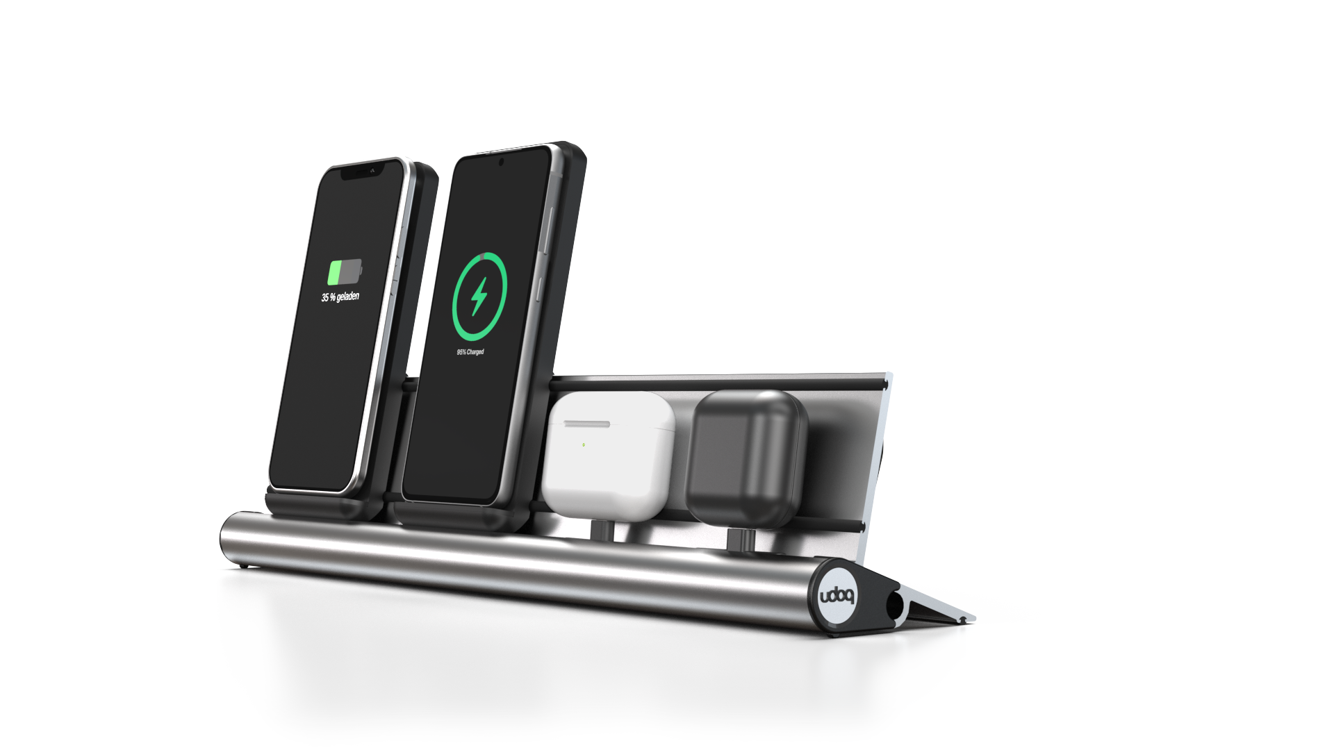 udoq 400 Wireless silber - 4 fach Ladestation gefräst und eloxiert aus solidem Aluminium. Exklusives Design mit patentierten verschiebbaren Anschlüssen. Lade platzsparend alle iPad, iPhone, AirPods, Apple Watch und Android Geräte mit bis zu 136W.