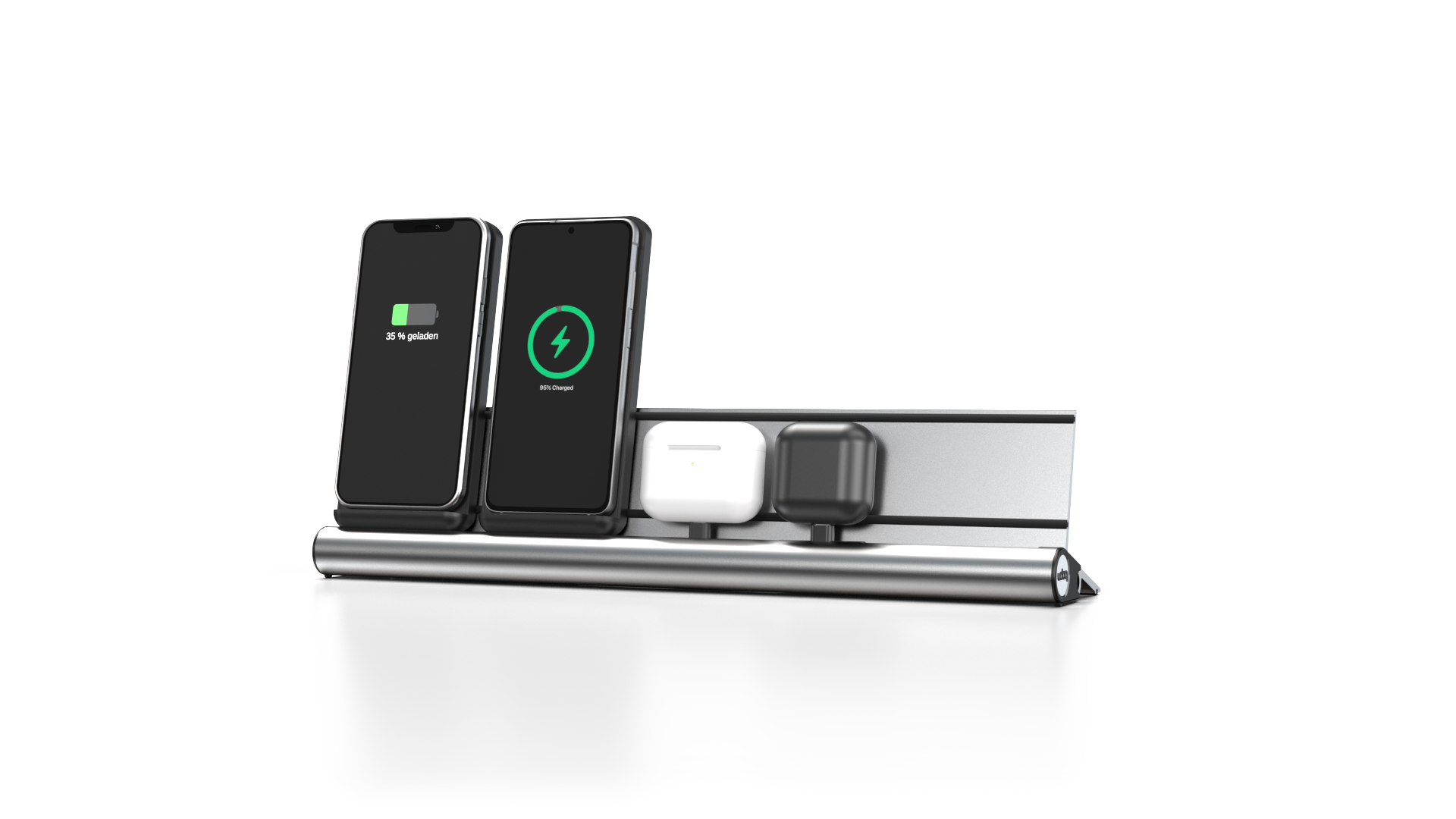 udoq 400 Wireless silber - 4 fach Ladestation gefräst und eloxiert aus solidem Aluminium. Exklusives Design mit patentierten verschiebbaren Anschlüssen. Lade platzsparend alle iPad, iPhone, AirPods, Apple Watch und Android Geräte mit bis zu 136W.