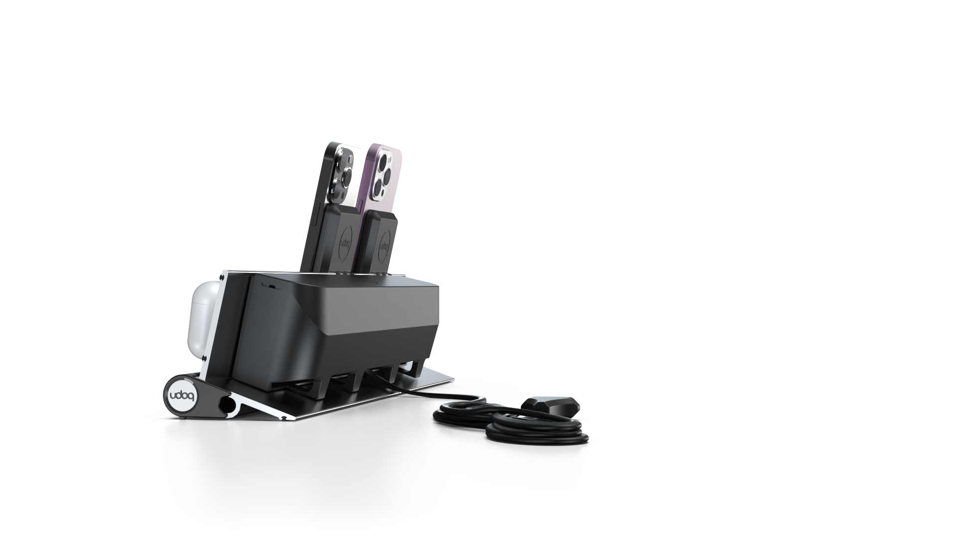 udoq 400 MAGNETIC silber - 4 fach Ladestation gefräst und eloxiert aus solidem Aluminium. Exklusives Design mit patentierten verschiebbaren Anschlüssen. Lade platzsparend alle iPad, iPhone, AirPods, Apple Watch und Android Geräte mit bis zu 136W.