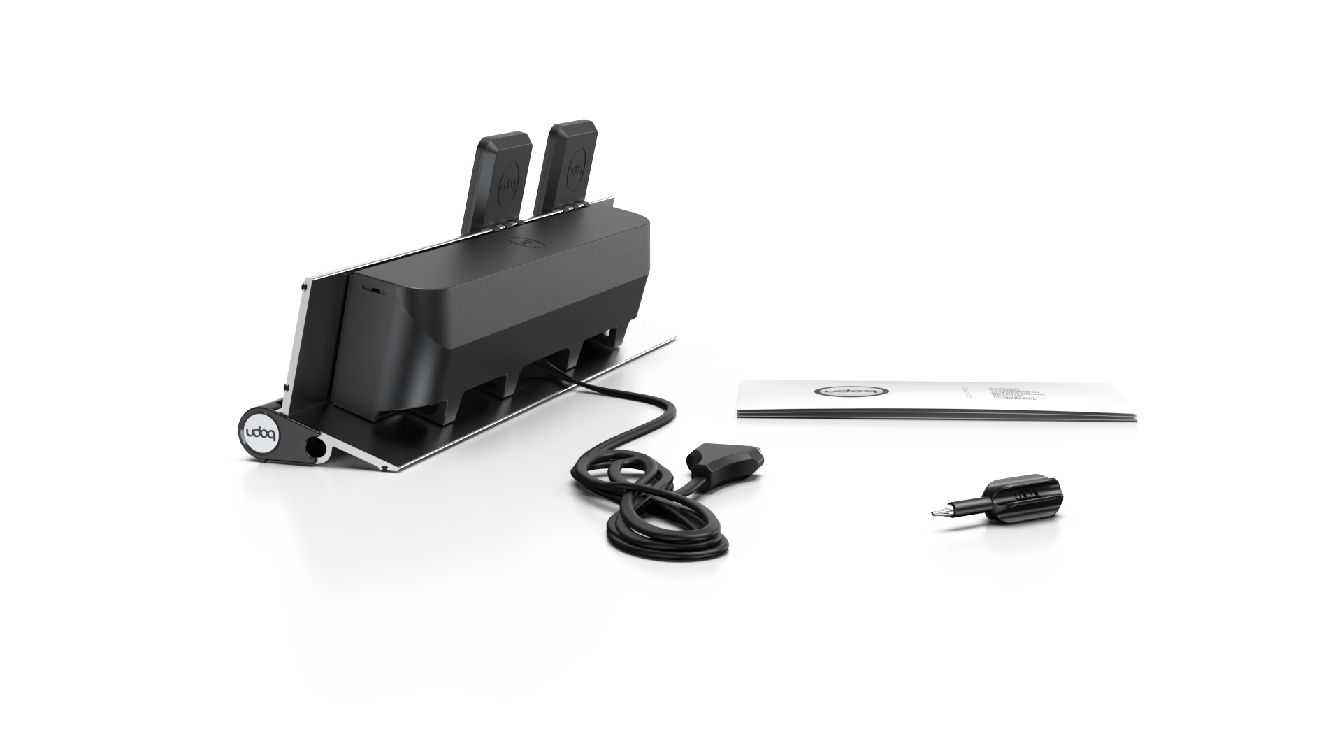 udoq 400 MAGNETIC silber - 4 fach Ladestation gefräst und eloxiert aus solidem Aluminium. Exklusives Design mit patentierten verschiebbaren Anschlüssen. Lade platzsparend alle iPad, iPhone, AirPods, Apple Watch und Android Geräte mit bis zu 136W.