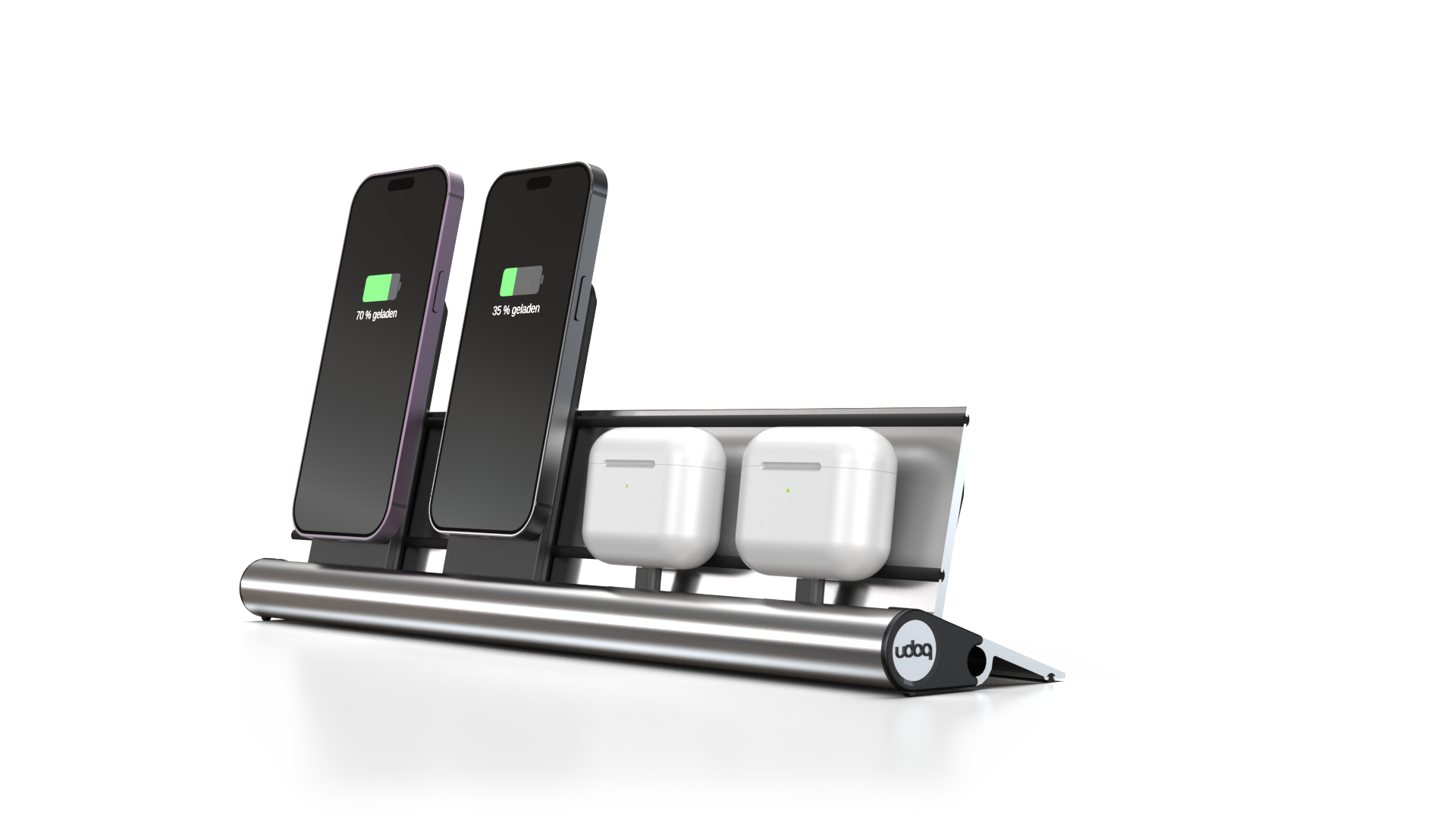 udoq 400 MAGNETIC silber - 4 fach Ladestation gefräst und eloxiert aus solidem Aluminium. Exklusives Design mit patentierten verschiebbaren Anschlüssen. Lade platzsparend alle iPad, iPhone, AirPods, Apple Watch und Android Geräte mit bis zu 136W.