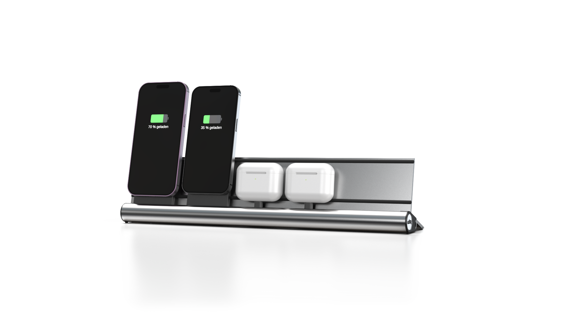 udoq 400 MAGNETIC silber - 4 fach Ladestation gefräst und eloxiert aus solidem Aluminium. Exklusives Design mit patentierten verschiebbaren Anschlüssen. Lade platzsparend alle iPad, iPhone, AirPods, Apple Watch und Android Geräte mit bis zu 136W.