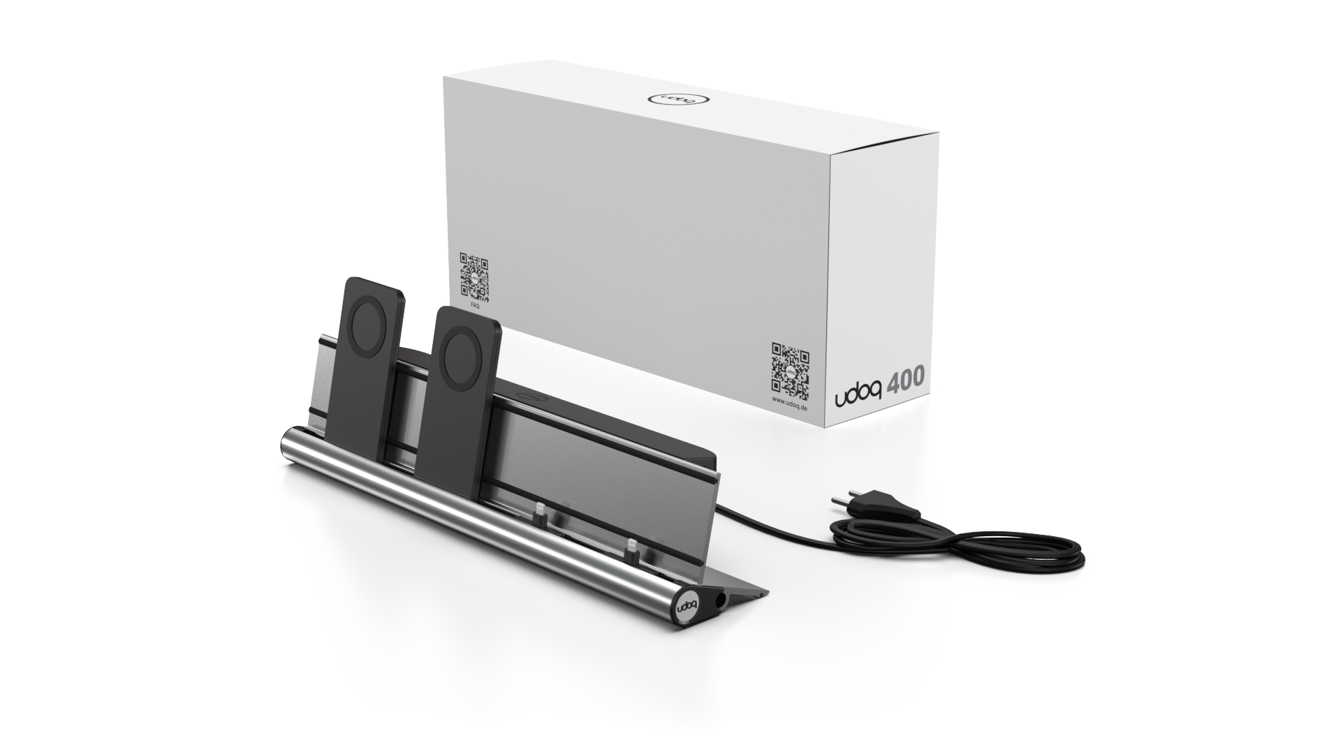 udoq 400 MAGNETIC silber - 4 fach Ladestation gefräst und eloxiert aus solidem Aluminium. Exklusives Design mit patentierten verschiebbaren Anschlüssen. Lade platzsparend alle iPad, iPhone, AirPods, Apple Watch und Android Geräte mit bis zu 136W.