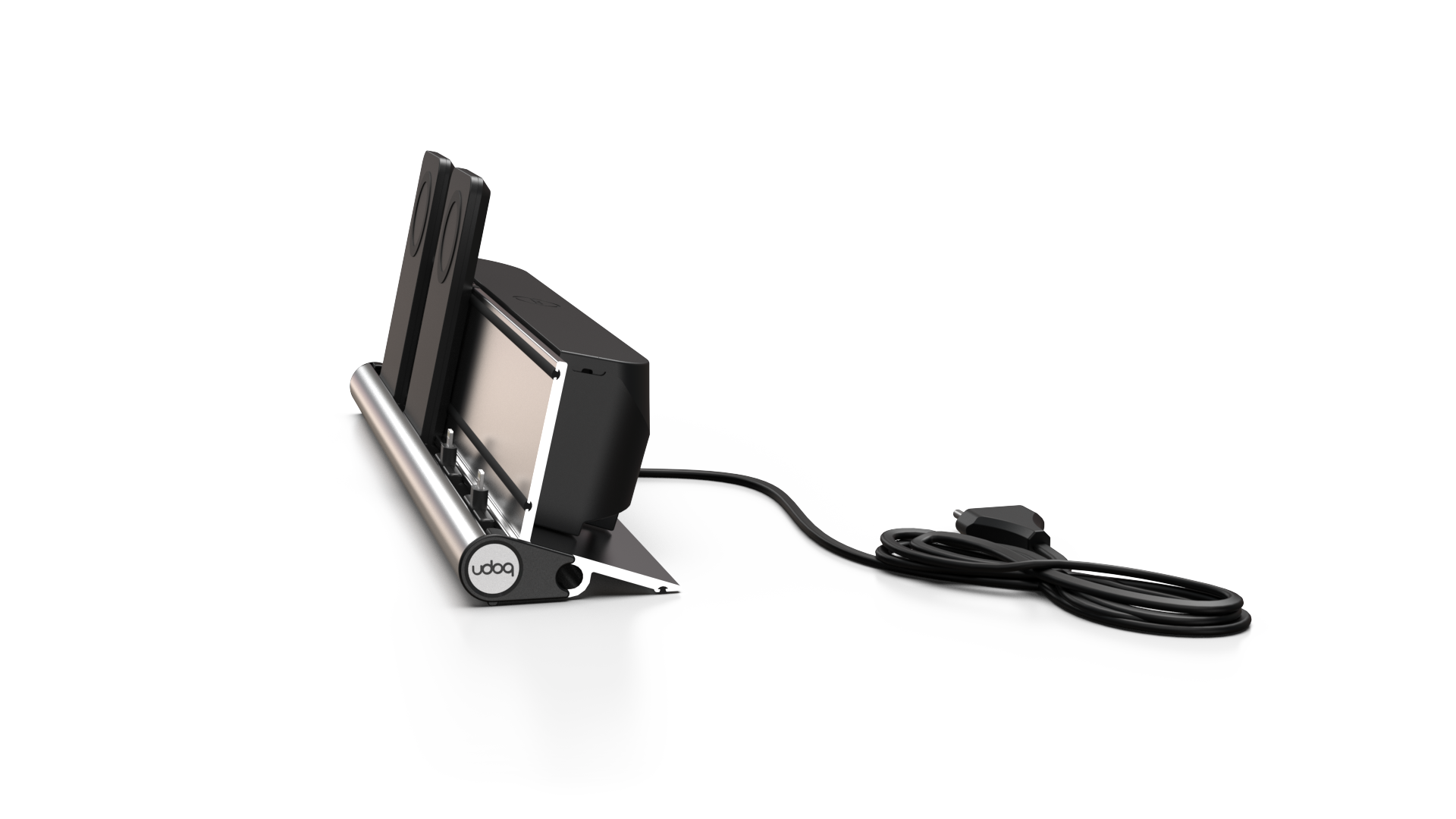 udoq 400 MAGNETIC silber - 4 fach Ladestation gefräst und eloxiert aus solidem Aluminium. Exklusives Design mit patentierten verschiebbaren Anschlüssen. Lade platzsparend alle iPad, iPhone, AirPods, Apple Watch und Android Geräte mit bis zu 136W.