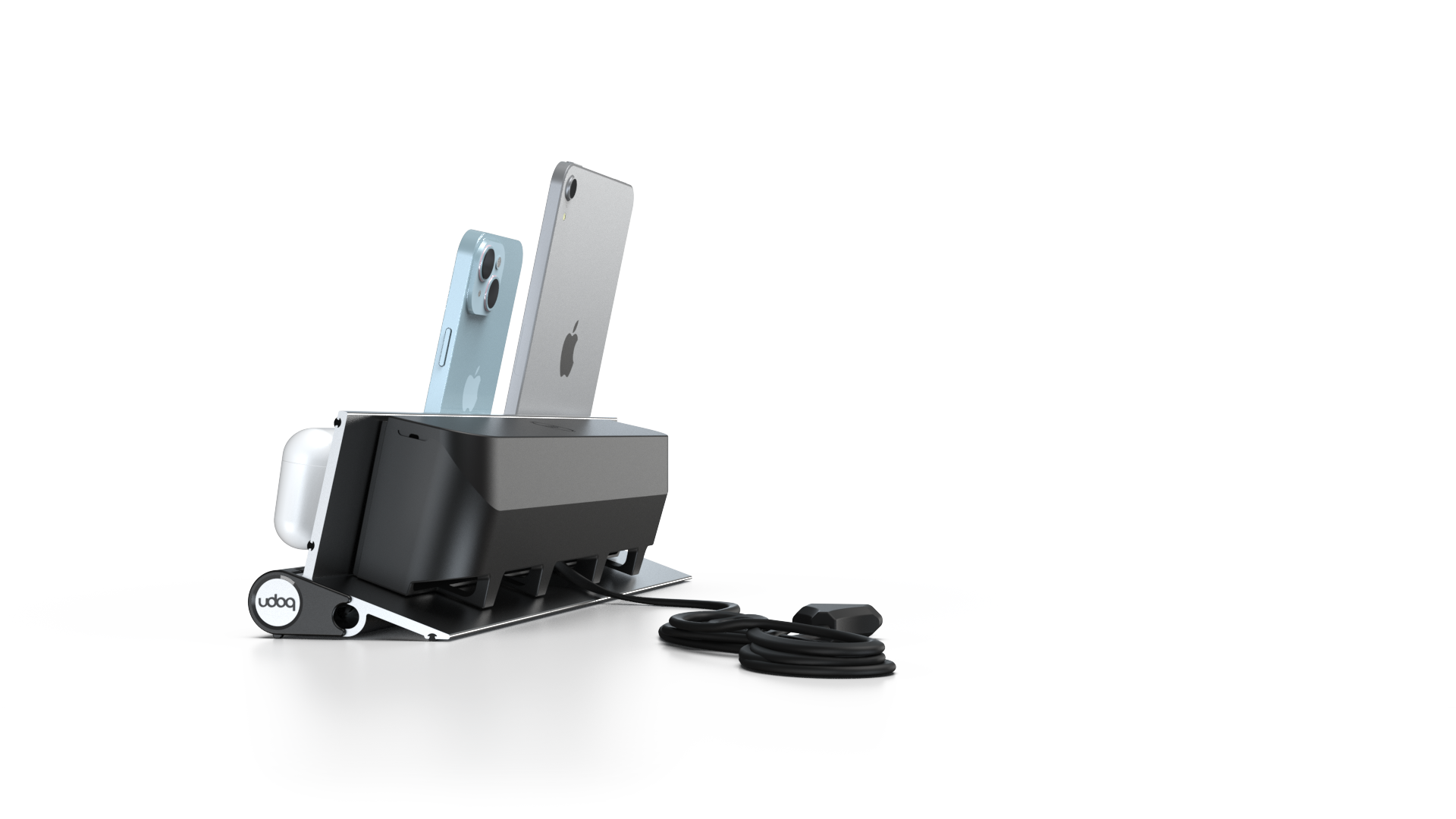 udoq 400 STARTER silber - 5 fach Ladestation gefräst und eloxiert aus solidem Aluminium. Exklusives Design mit patentierten verschiebbaren Anschlüssen. Lade platzsparend alle iPad, iPhone, AirPods, Apple Watch und Android Geräte mit bis zu 136W.