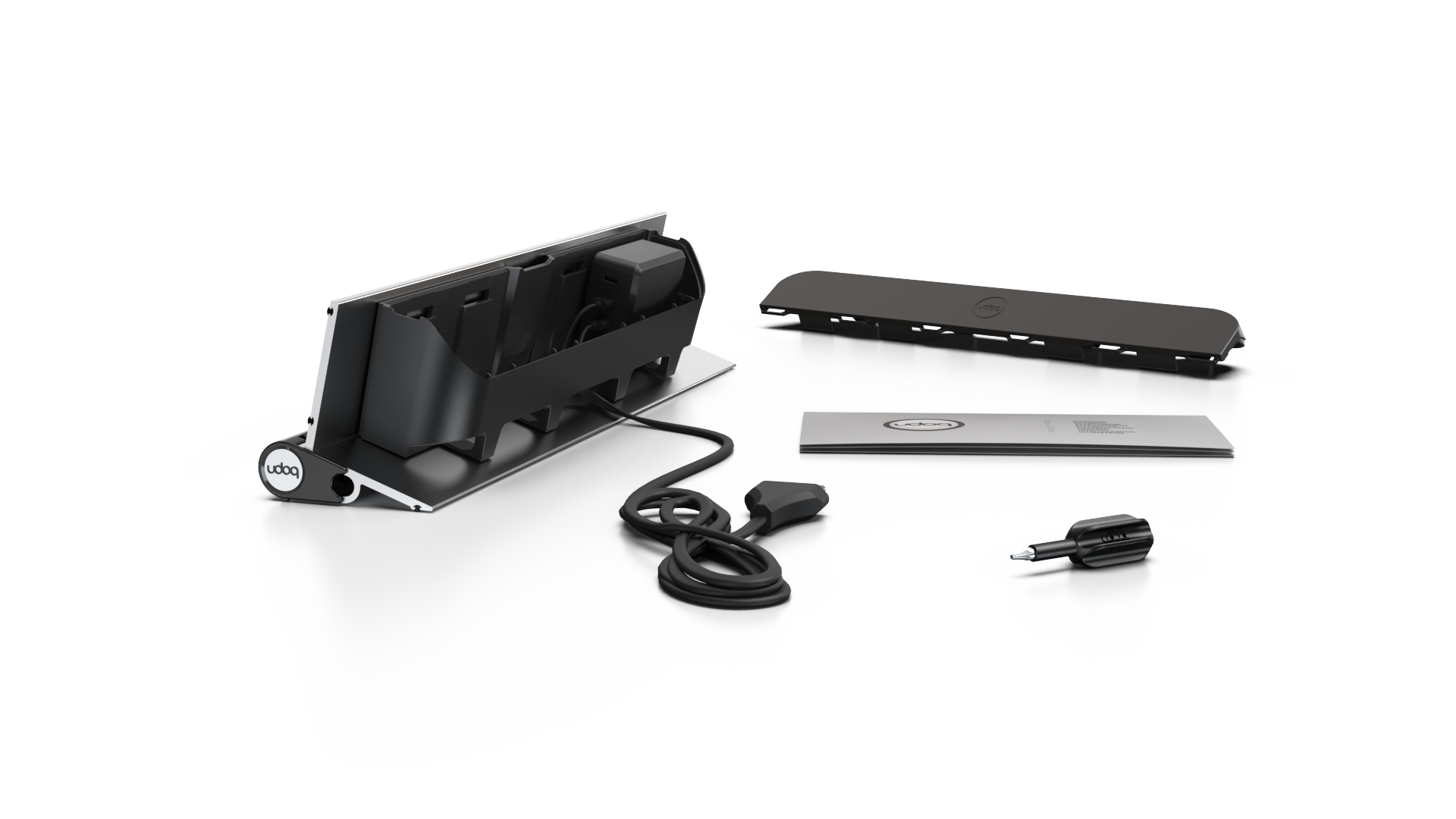 udoq 400 STARTER silber - 5 fach Ladestation gefräst und eloxiert aus solidem Aluminium. Exklusives Design mit patentierten verschiebbaren Anschlüssen. Lade platzsparend alle iPad, iPhone, AirPods, Apple Watch und Android Geräte mit bis zu 136W.