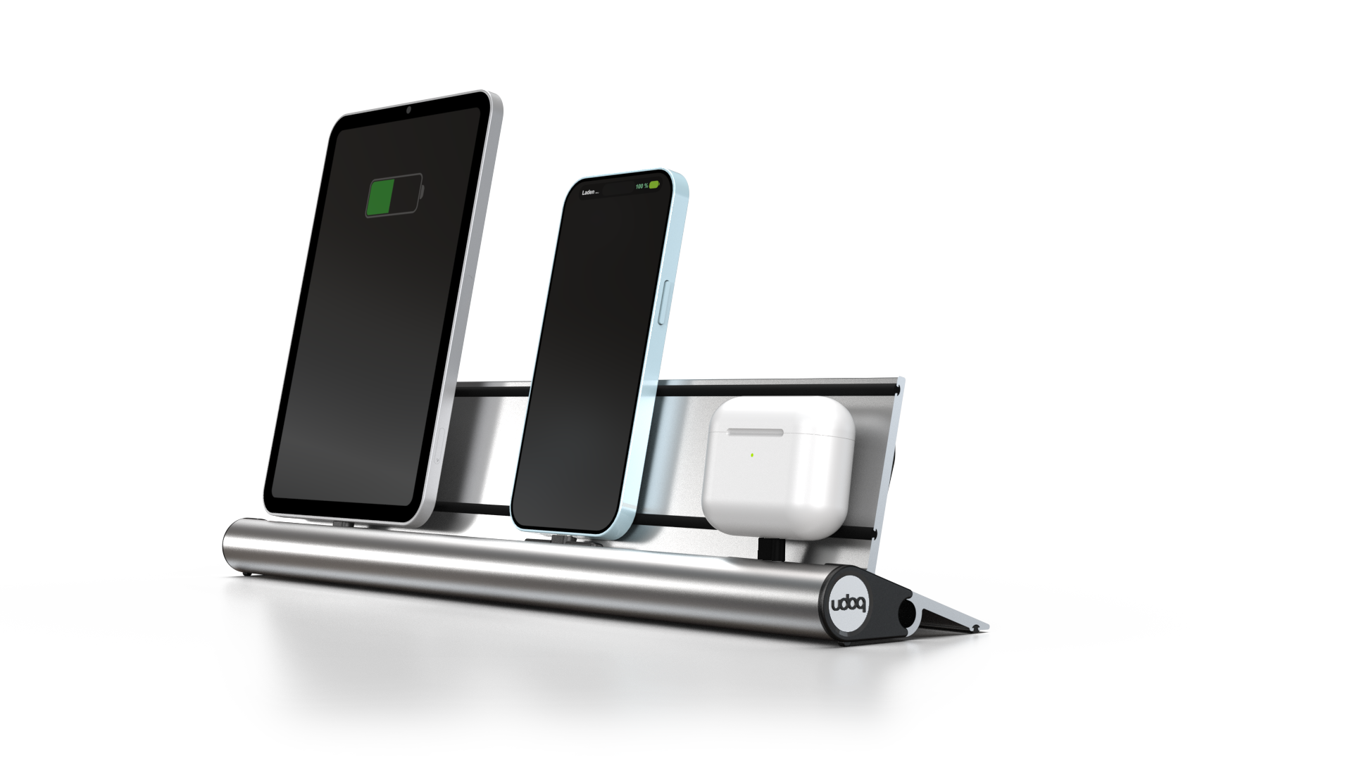 udoq 400 STARTER silber - 5 fach Ladestation gefräst und eloxiert aus solidem Aluminium. Exklusives Design mit patentierten verschiebbaren Anschlüssen. Lade platzsparend alle iPad, iPhone, AirPods, Apple Watch und Android Geräte mit bis zu 136W.