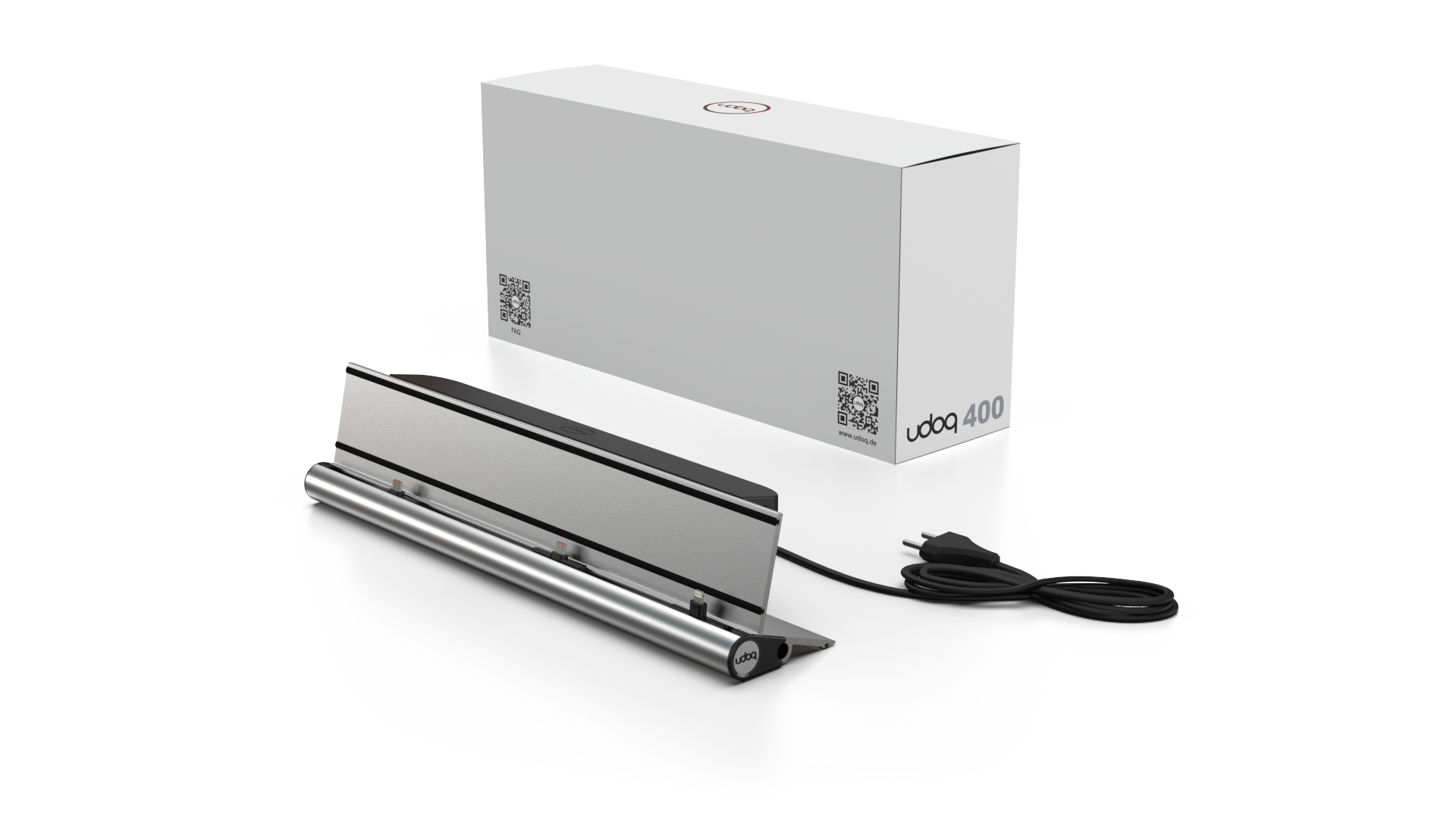 udoq 400 STARTER silber - 5 fach Ladestation gefräst und eloxiert aus solidem Aluminium. Exklusives Design mit patentierten verschiebbaren Anschlüssen. Lade platzsparend alle iPad, iPhone, AirPods, Apple Watch und Android Geräte mit bis zu 136W.