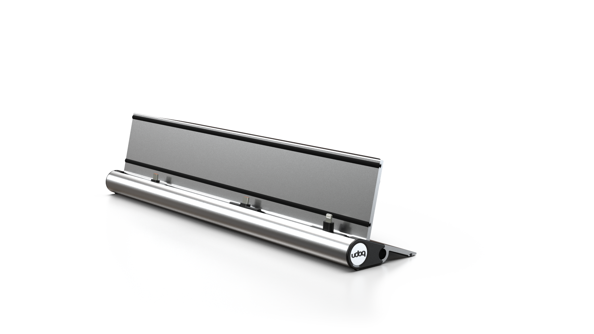 udoq 400 STARTER silber - 5 fach Ladestation gefräst und eloxiert aus solidem Aluminium. Exklusives Design mit patentierten verschiebbaren Anschlüssen. Lade platzsparend alle iPad, iPhone, AirPods, Apple Watch und Android Geräte mit bis zu 136W.