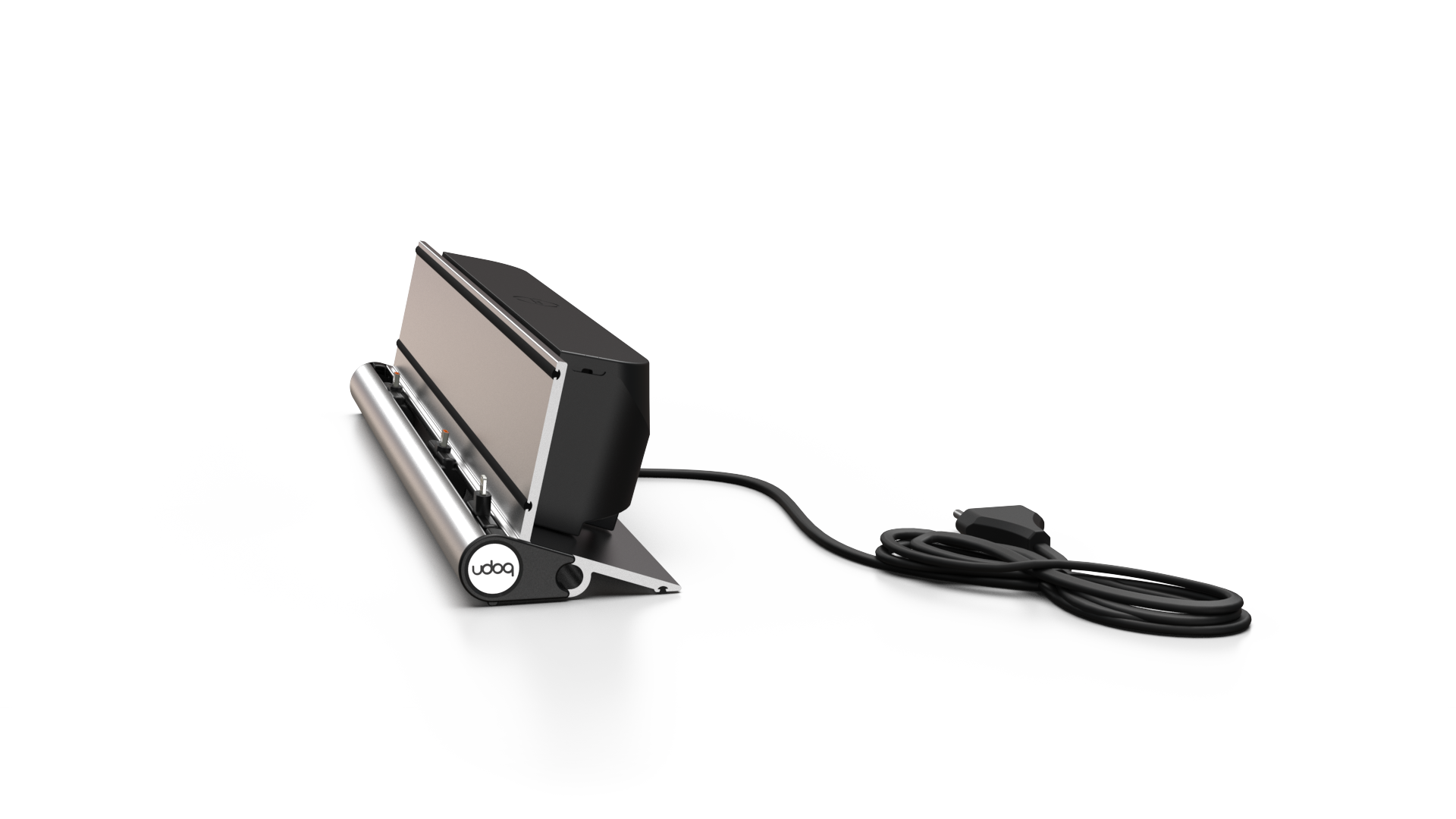 udoq 400 STARTER silber - 5 fach Ladestation gefräst und eloxiert aus solidem Aluminium. Exklusives Design mit patentierten verschiebbaren Anschlüssen. Lade platzsparend alle iPad, iPhone, AirPods, Apple Watch und Android Geräte mit bis zu 136W.