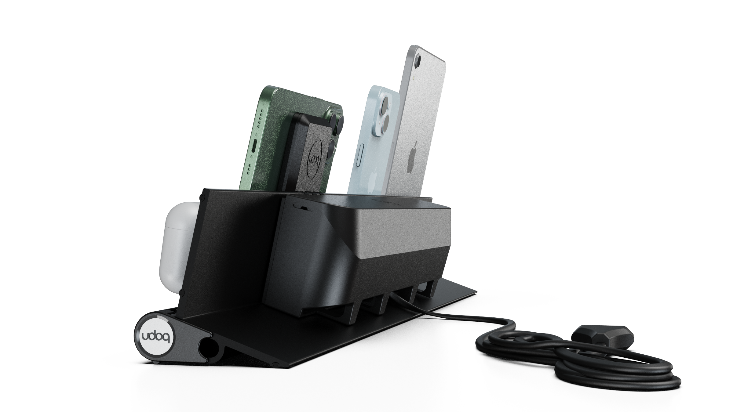 udoq 550 PREMIUM schwarz - 4 fach Ladestation gefräst und eloxiert aus solidem Aluminium. Exklusives Design mit patentierten verschiebbaren Anschlüssen. Lade platzsparend alle iPad, iPhone, AirPods, Apple Watch und Android Geräte mit bis zu 136W.