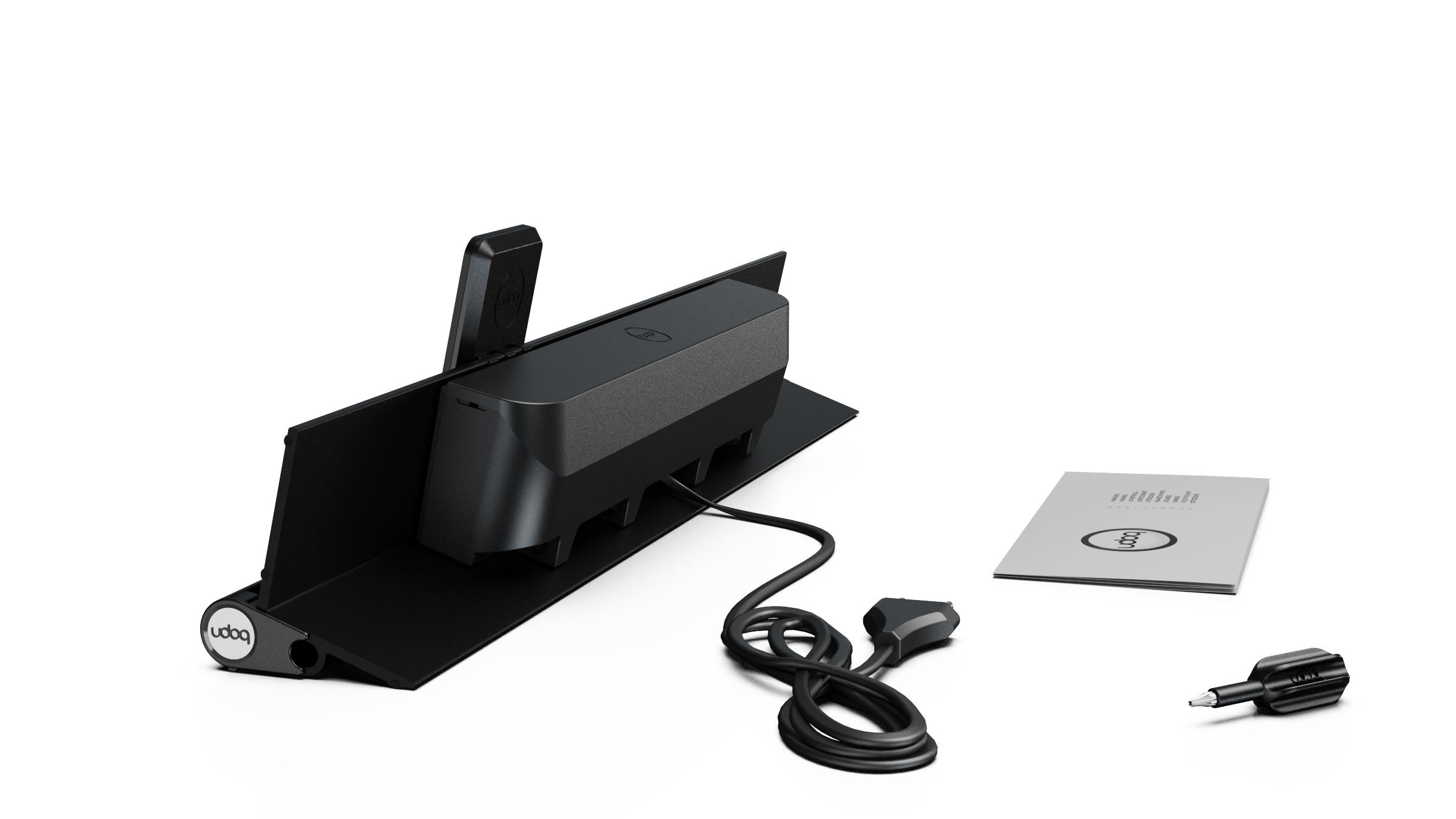 udoq 550 PREMIUM schwarz - 4 fach Ladestation gefräst und eloxiert aus solidem Aluminium. Exklusives Design mit patentierten verschiebbaren Anschlüssen. Lade platzsparend alle iPad, iPhone, AirPods, Apple Watch und Android Geräte mit bis zu 136W.