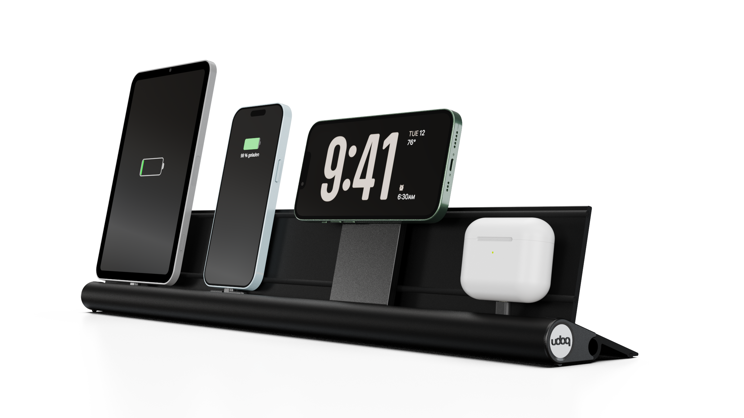 udoq 550 PREMIUM schwarz - 4 fach Ladestation gefräst und eloxiert aus solidem Aluminium. Exklusives Design mit patentierten verschiebbaren Anschlüssen. Lade platzsparend alle iPad, iPhone, AirPods, Apple Watch und Android Geräte mit bis zu 136W.