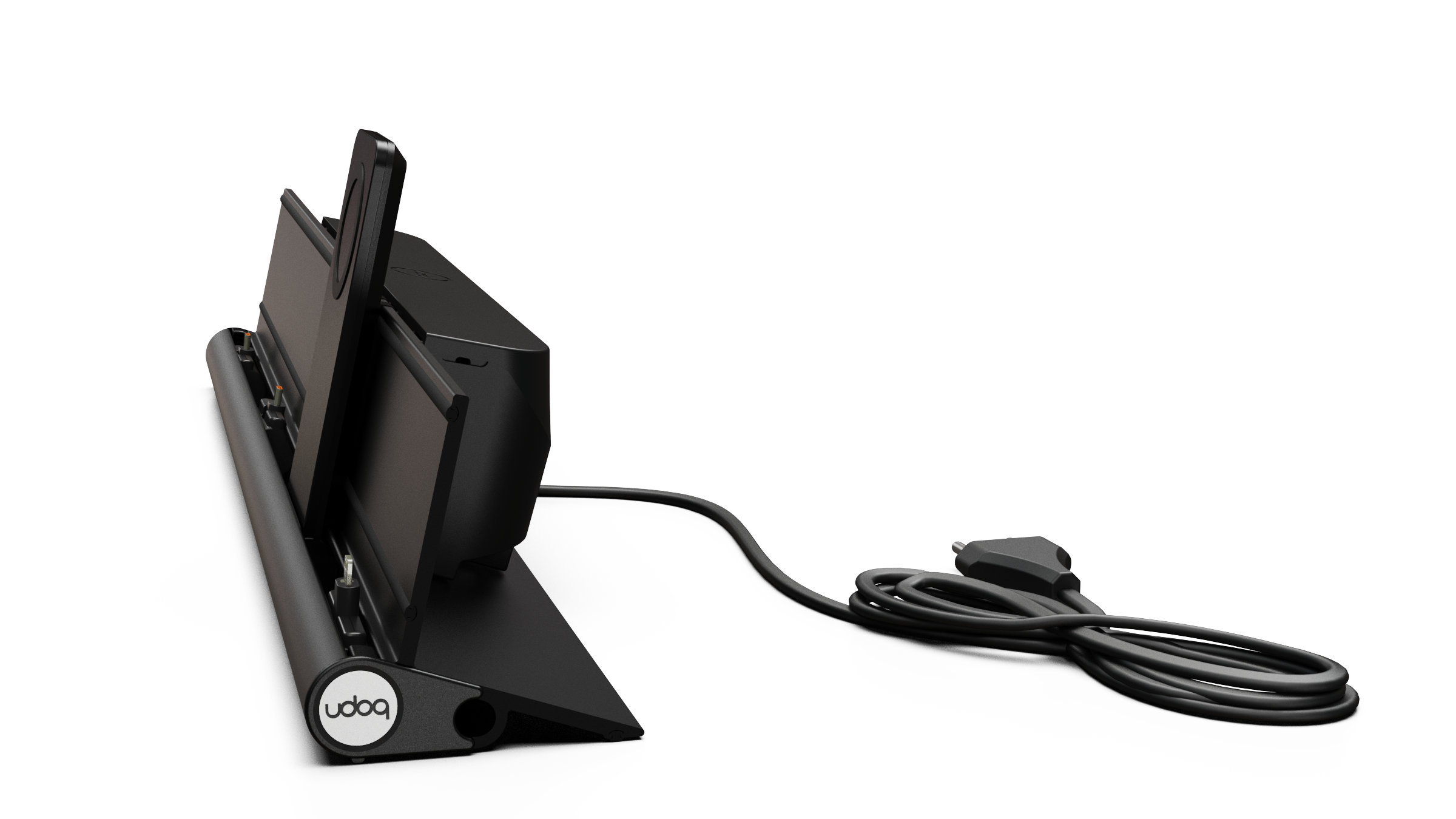 udoq 550 PREMIUM schwarz - 4 fach Ladestation gefräst und eloxiert aus solidem Aluminium. Exklusives Design mit patentierten verschiebbaren Anschlüssen. Lade platzsparend alle iPad, iPhone, AirPods, Apple Watch und Android Geräte mit bis zu 136W.