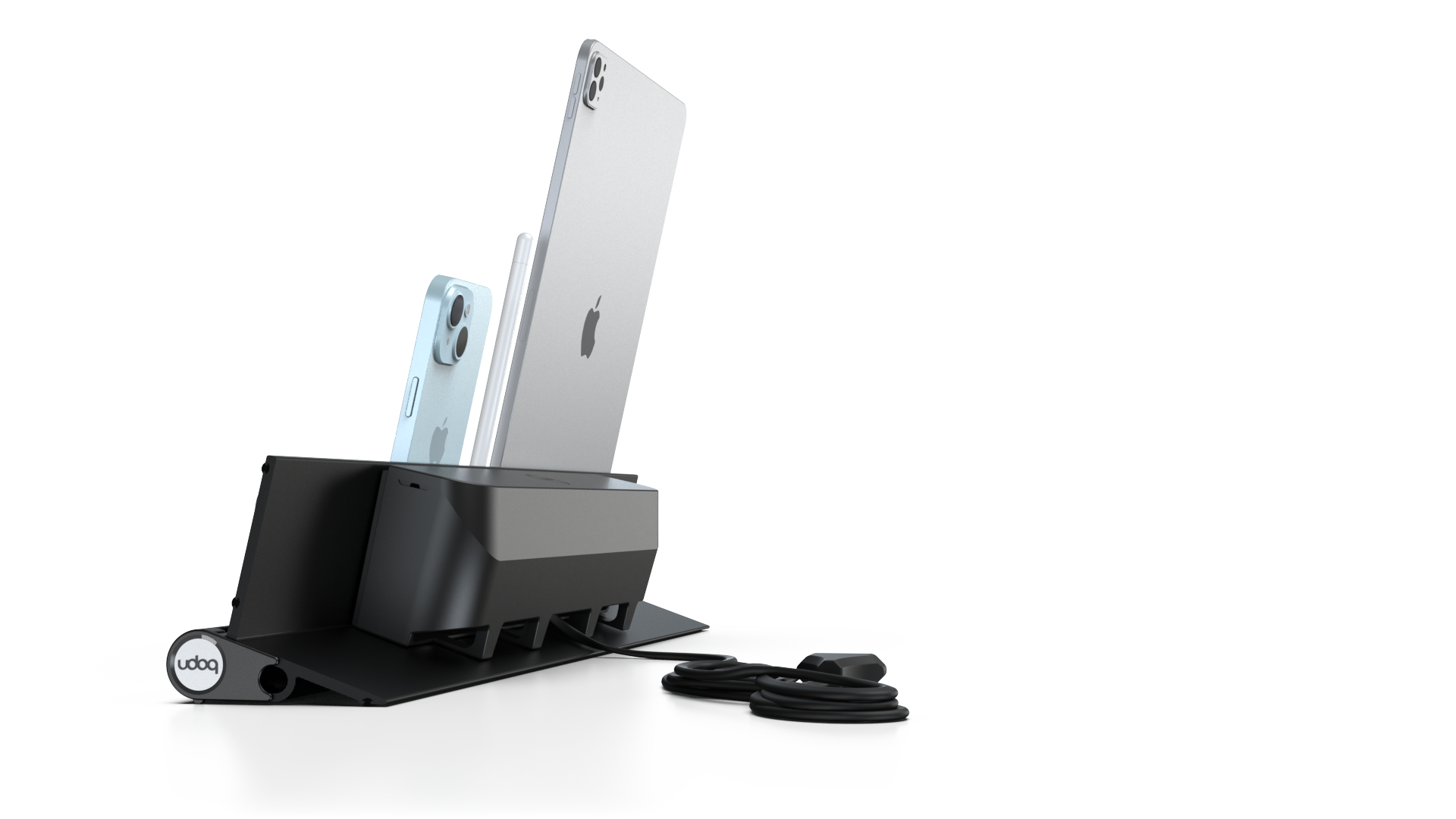 udoq 550 IPAD schwarz - 3 fach Ladestation gefräst und eloxiert aus solidem Aluminium. Exklusives Design mit patentierten verschiebbaren Anschlüssen. Lade platzsparend alle iPad, iPhone, AirPods, Apple Watch und Android Geräte mit bis zu 136W.