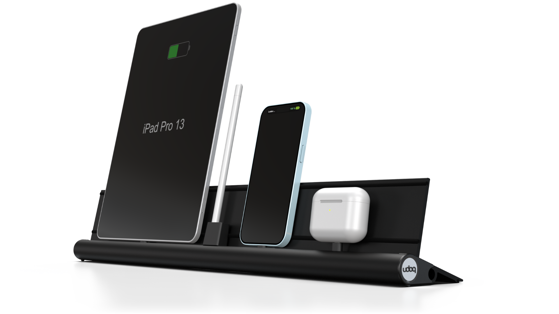 udoq 550 IPAD schwarz - 3 fach Ladestation gefräst und eloxiert aus solidem Aluminium. Exklusives Design mit patentierten verschiebbaren Anschlüssen. Lade platzsparend alle iPad, iPhone, AirPods, Apple Watch und Android Geräte mit bis zu 136W.