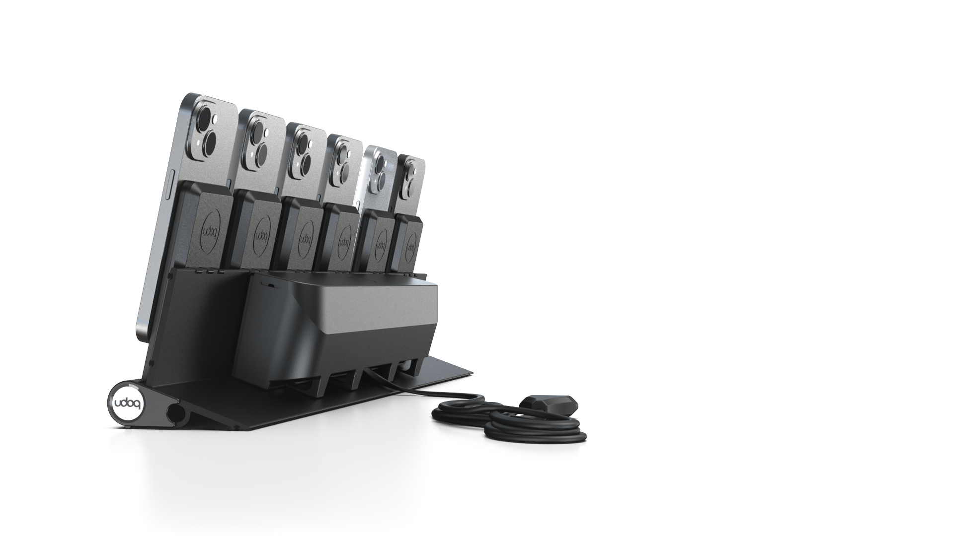 udoq 550 PRO schwarz - 6 fach Ladestation gefräst und eloxiert aus solidem Aluminium. Exklusives Design mit patentierten verschiebbaren Anschlüssen. Lade platzsparend alle iPhones und AirPods, Apple Watch und Android Geräte mit bis zu 136W.