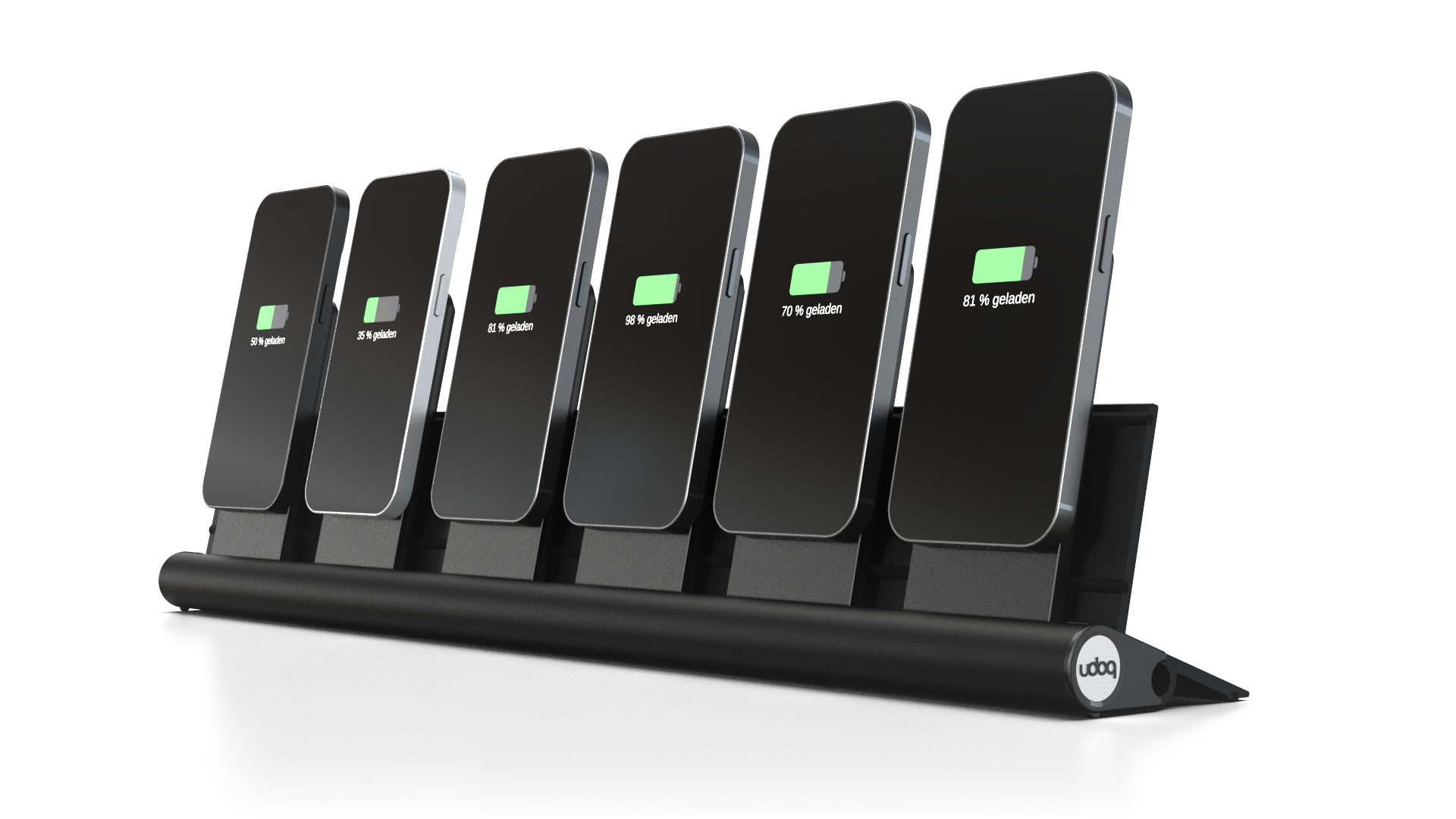 udoq 550 PRO schwarz - 6 fach Ladestation gefräst und eloxiert aus solidem Aluminium. Exklusives Design mit patentierten verschiebbaren Anschlüssen. Lade platzsparend alle iPhones und AirPods, Apple Watch und Android Geräte mit bis zu 136W.