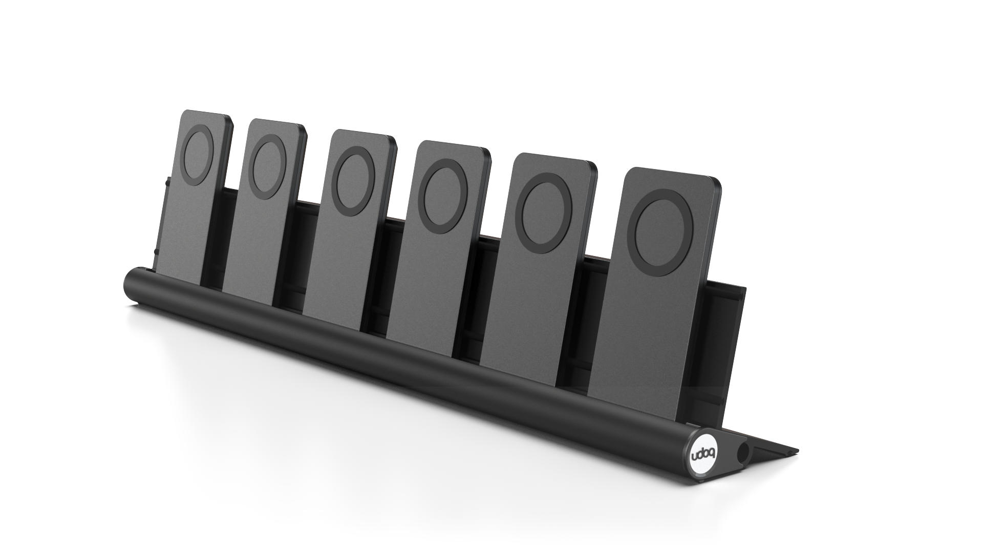 udoq 550 PRO schwarz - 6 fach Ladestation gefräst und eloxiert aus solidem Aluminium. Exklusives Design mit patentierten verschiebbaren Anschlüssen. Lade platzsparend alle iPhones und AirPods, Apple Watch und Android Geräte mit bis zu 136W.