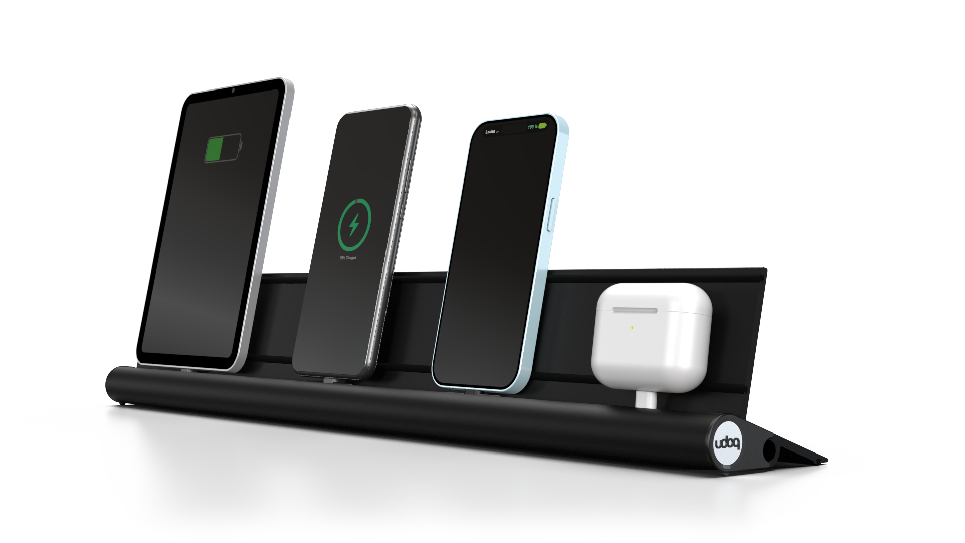 udoq 550 STARTER schwarz - 5 fach Ladestation gefräst und eloxiert aus solidem Aluminium. Exklusives Design mit patentierten verschiebbaren Anschlüssen. Lade platzsparend alle iPad, iPhone, AirPods, Apple Watch und Android Geräte mit bis zu 136W.