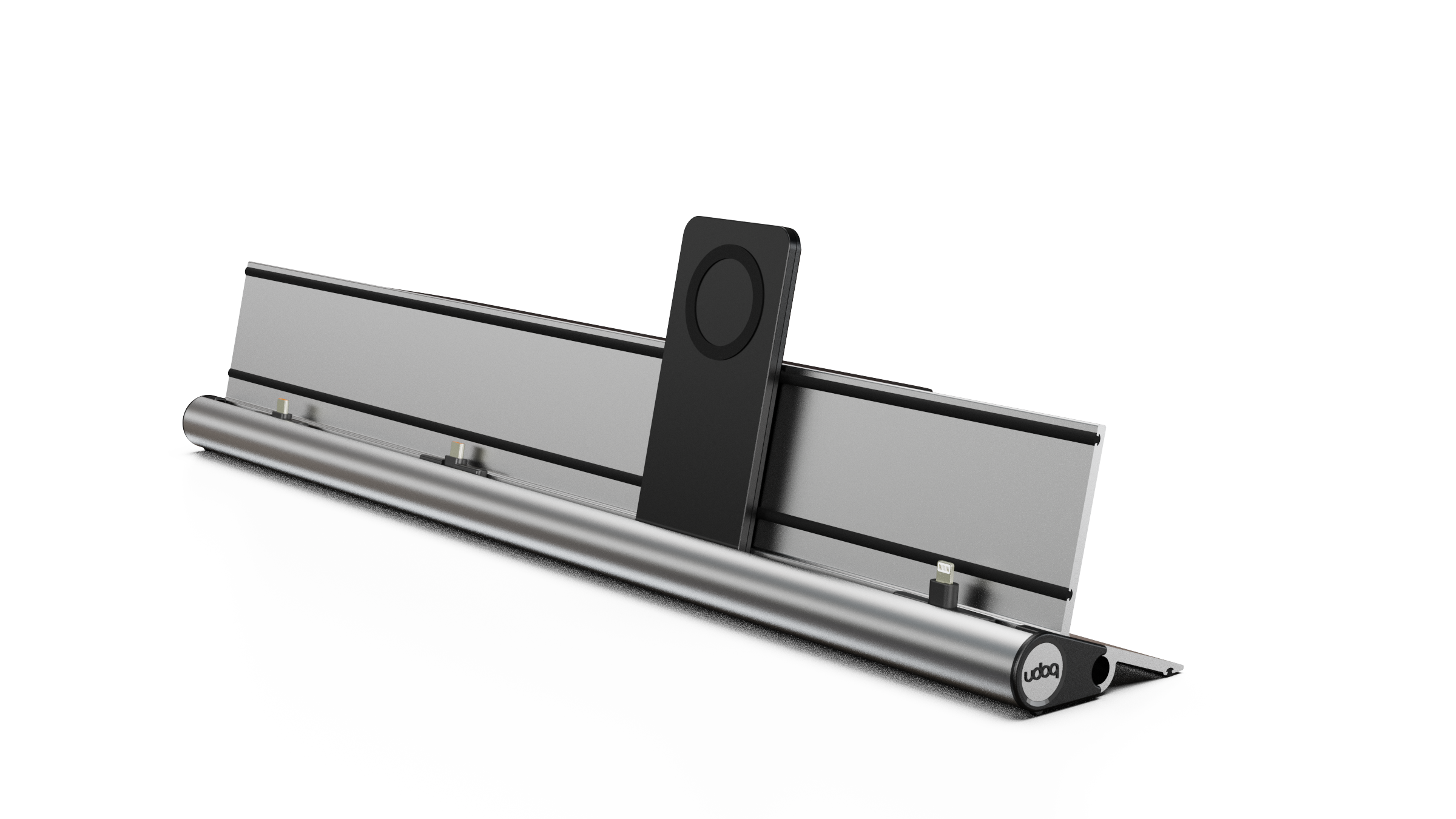 udoq 550 PREMIUM silber - 4 fach Ladestation gefräst und eloxiert aus solidem Aluminium. Exklusives Design mit patentierten verschiebbaren Anschlüssen. Lade platzsparend alle iPad, iPhone, AirPods, Apple Watch und Android Geräte mit bis zu 136W.