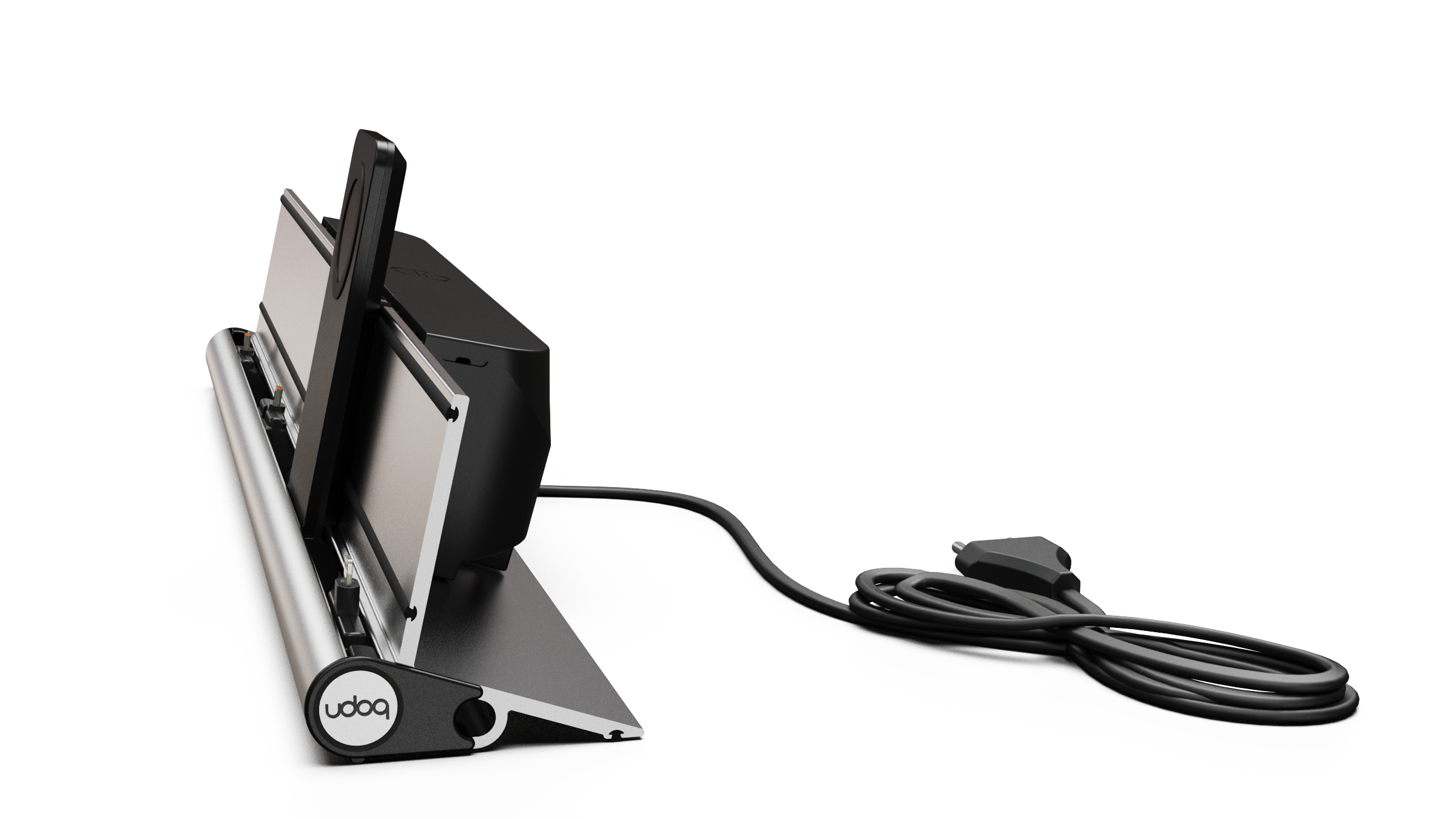 udoq 550 PREMIUM silber - 4 fach Ladestation gefräst und eloxiert aus solidem Aluminium. Exklusives Design mit patentierten verschiebbaren Anschlüssen. Lade platzsparend alle iPad, iPhone, AirPods, Apple Watch und Android Geräte mit bis zu 136W.
