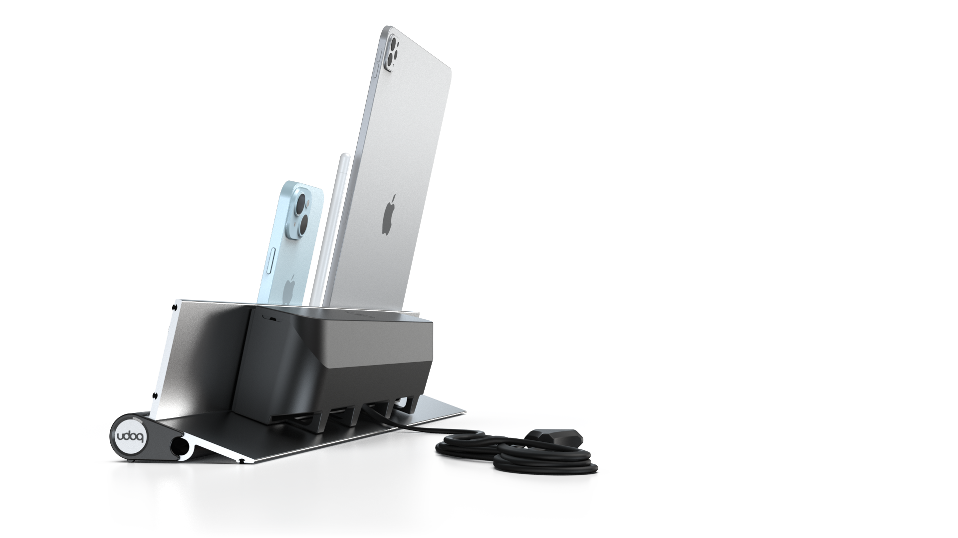 udoq 550 IPAD silber - 3 fach Ladestation gefräst und eloxiert aus solidem Aluminium. Exklusives Design mit patentierten verschiebbaren Anschlüssen. Lade platzsparend alle iPad, iPhone, AirPods, Apple Watch und Android Geräte mit bis zu 136W.