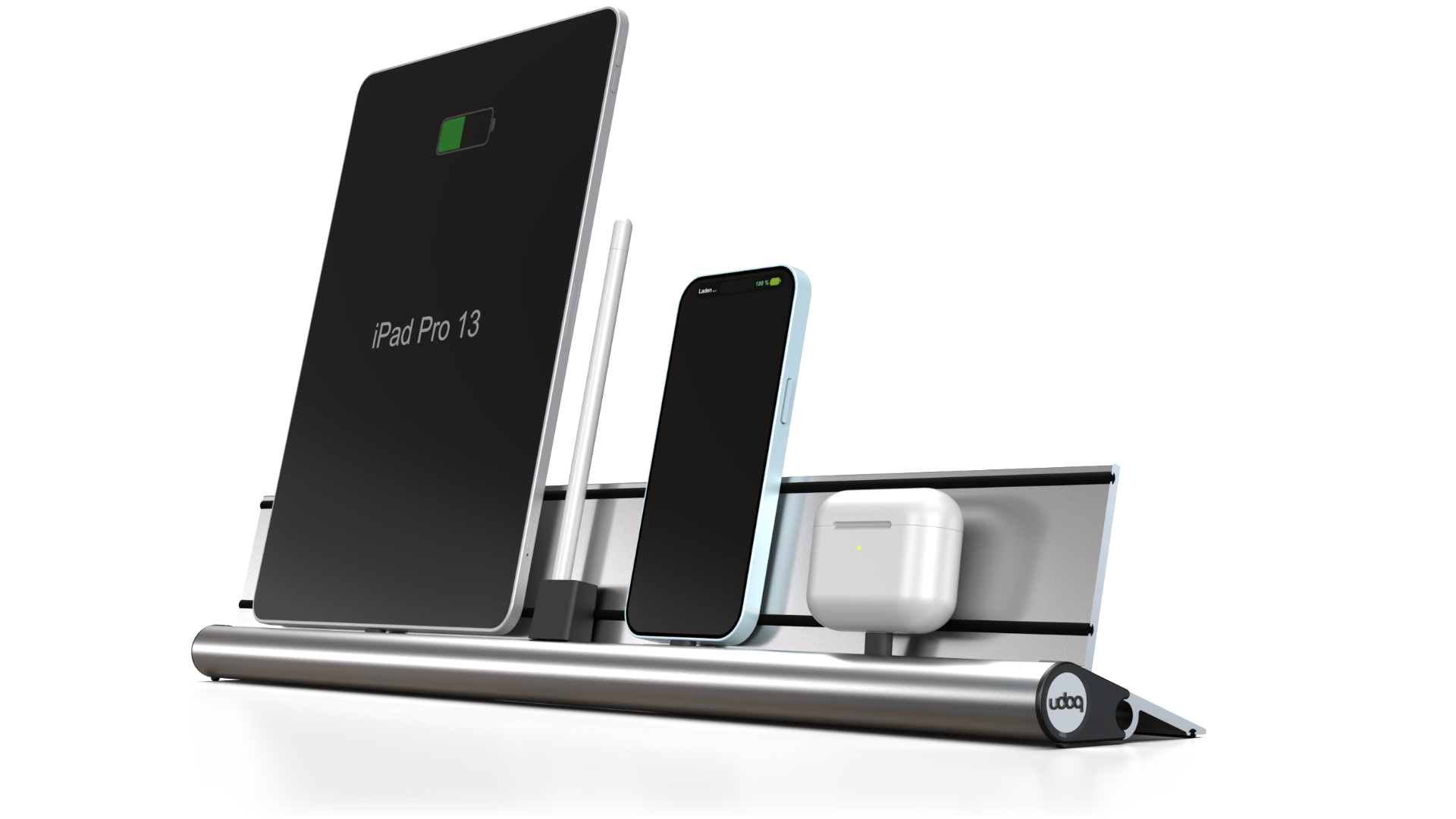 udoq 550 IPAD silber - 3 fach Ladestation gefräst und eloxiert aus solidem Aluminium. Exklusives Design mit patentierten verschiebbaren Anschlüssen. Lade platzsparend alle iPad, iPhone, AirPods, Apple Watch und Android Geräte mit bis zu 136W.