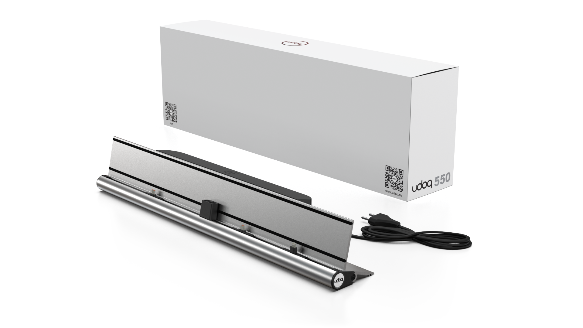 udoq 550 IPAD silber - 3 fach Ladestation gefräst und eloxiert aus solidem Aluminium. Exklusives Design mit patentierten verschiebbaren Anschlüssen. Lade platzsparend alle iPad, iPhone, AirPods, Apple Watch und Android Geräte mit bis zu 136W.