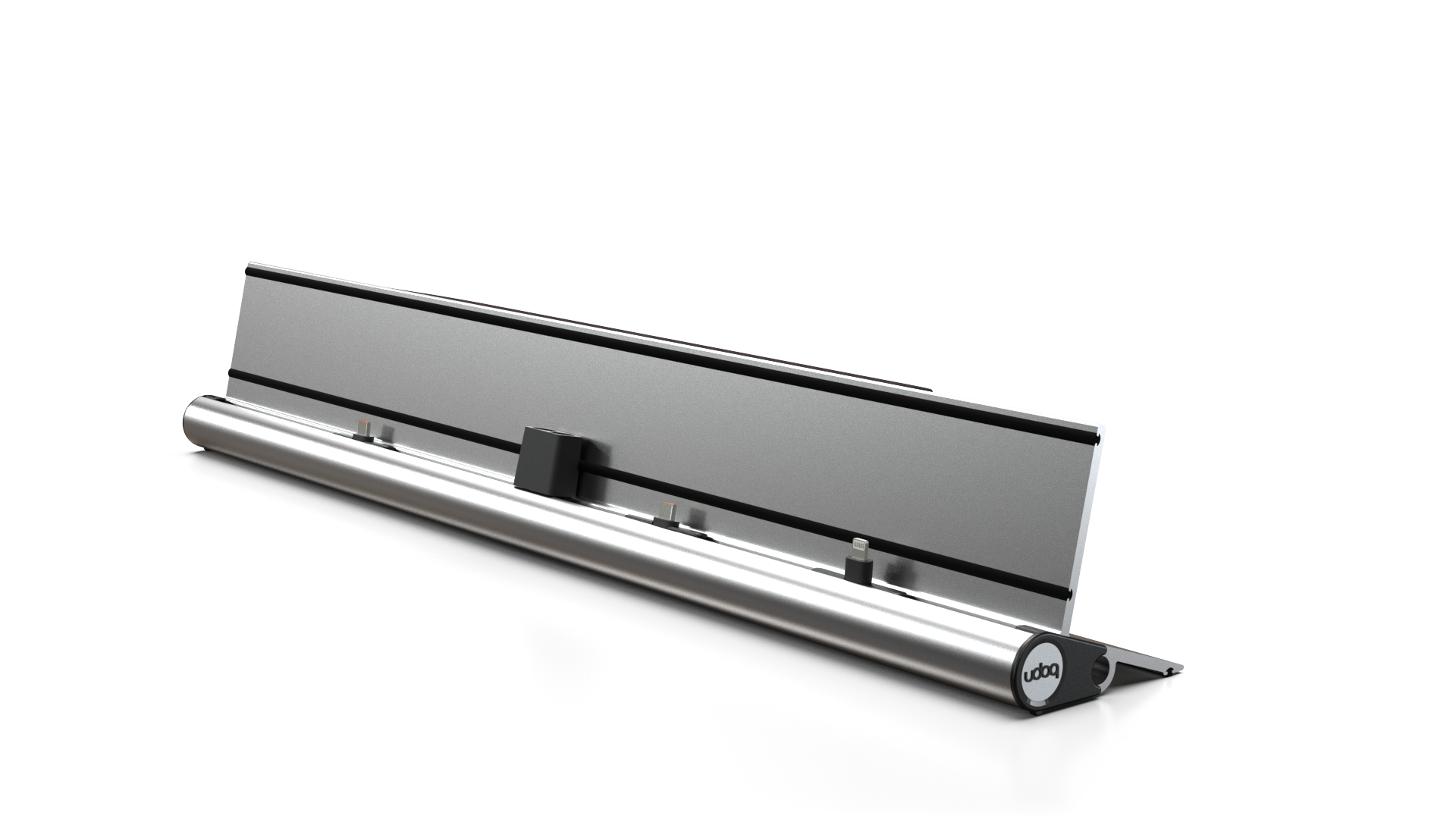 udoq 550 IPAD silber - 3 fach Ladestation gefräst und eloxiert aus solidem Aluminium. Exklusives Design mit patentierten verschiebbaren Anschlüssen. Lade platzsparend alle iPad, iPhone, AirPods, Apple Watch und Android Geräte mit bis zu 136W.