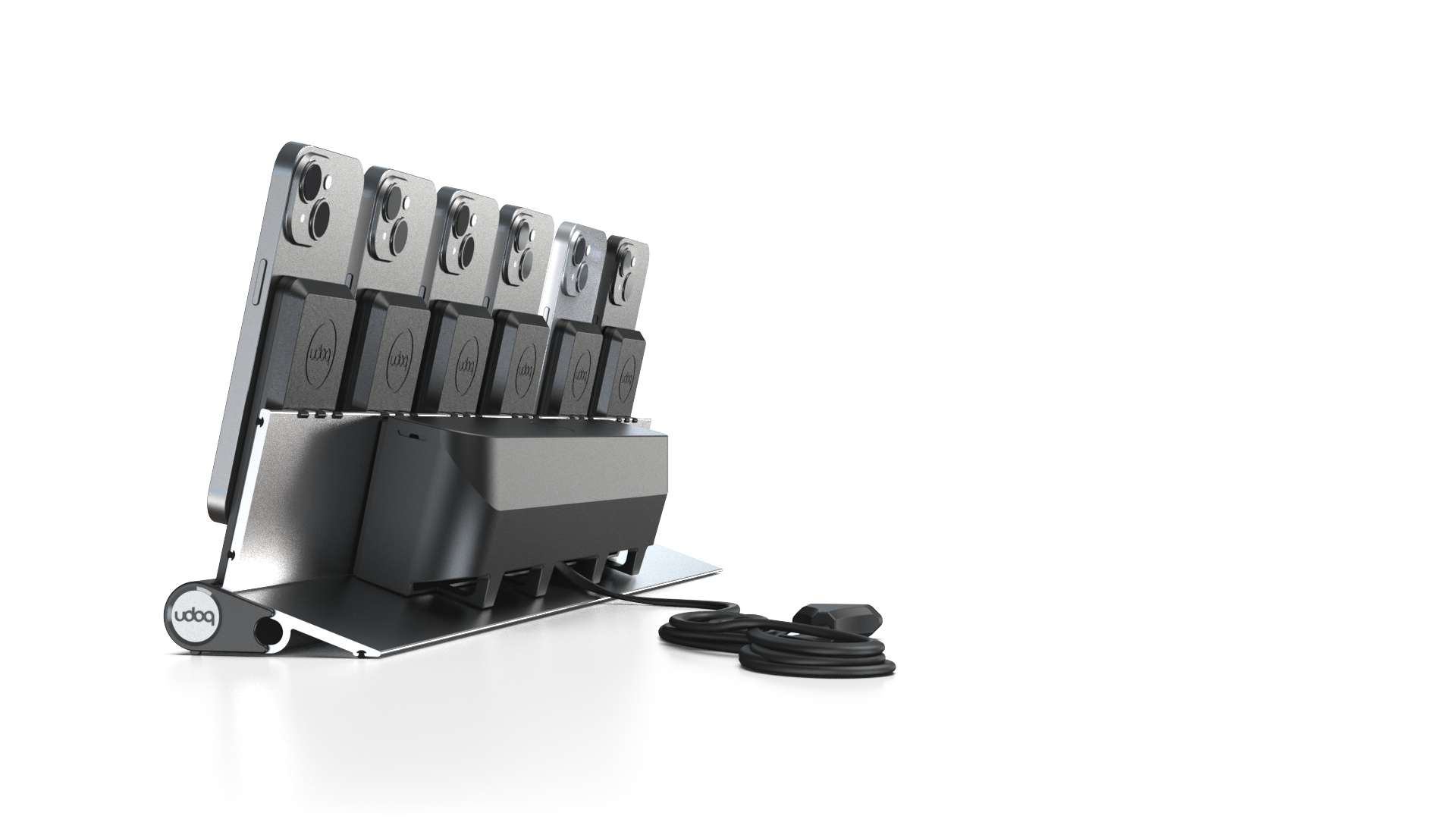 udoq 550 PRO silber - 6 fach Ladestation gefräst und eloxiert aus solidem Aluminium. Exklusives Design mit patentierten verschiebbaren Anschlüssen. Lade platzsparend alle iPhones und AirPods, Apple Watch und Android Geräte mit bis zu 136W.
