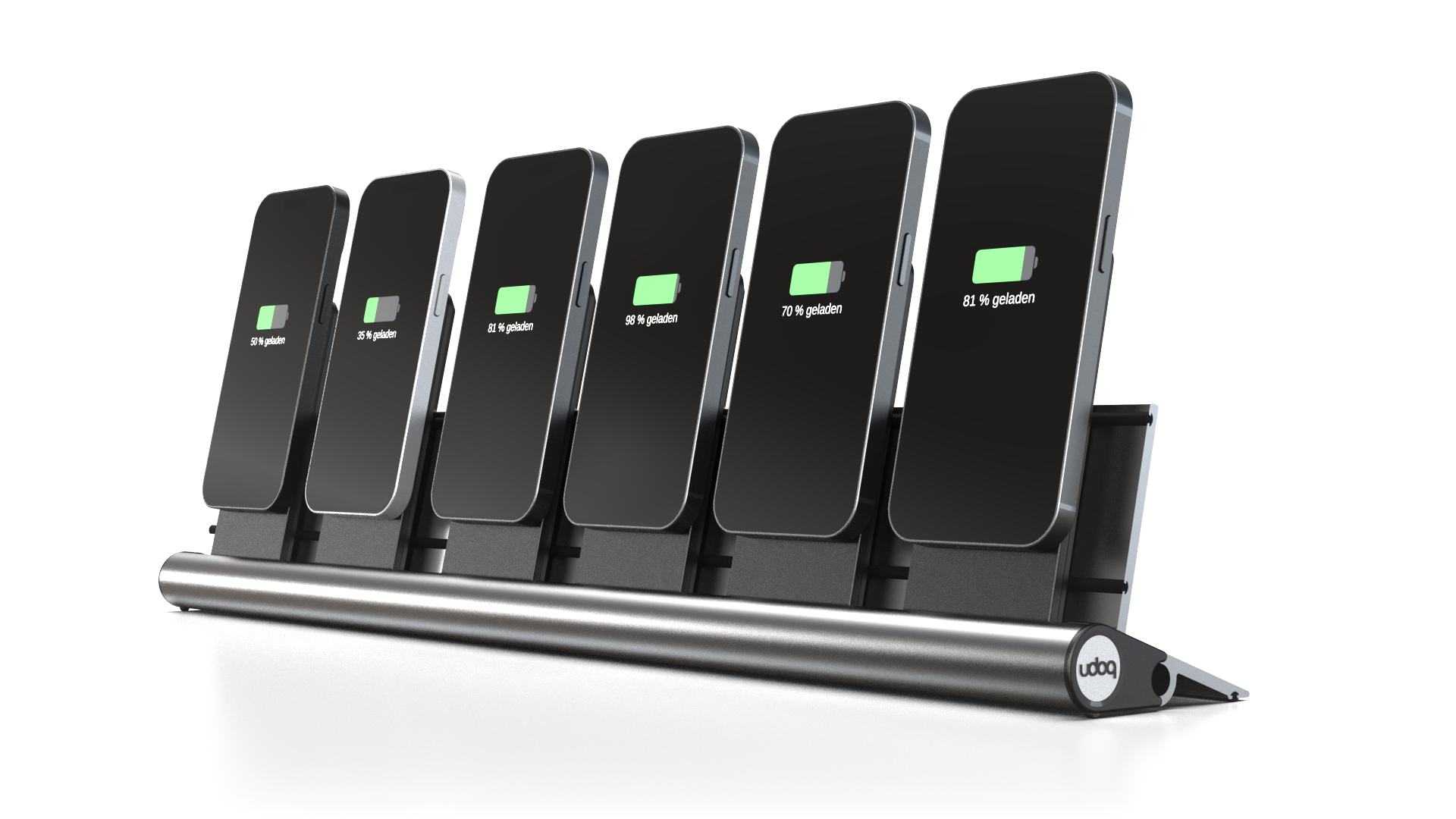 udoq 550 PRO silber - 6 fach Ladestation gefräst und eloxiert aus solidem Aluminium. Exklusives Design mit patentierten verschiebbaren Anschlüssen. Lade platzsparend alle iPhones und AirPods, Apple Watch und Android Geräte mit bis zu 136W.