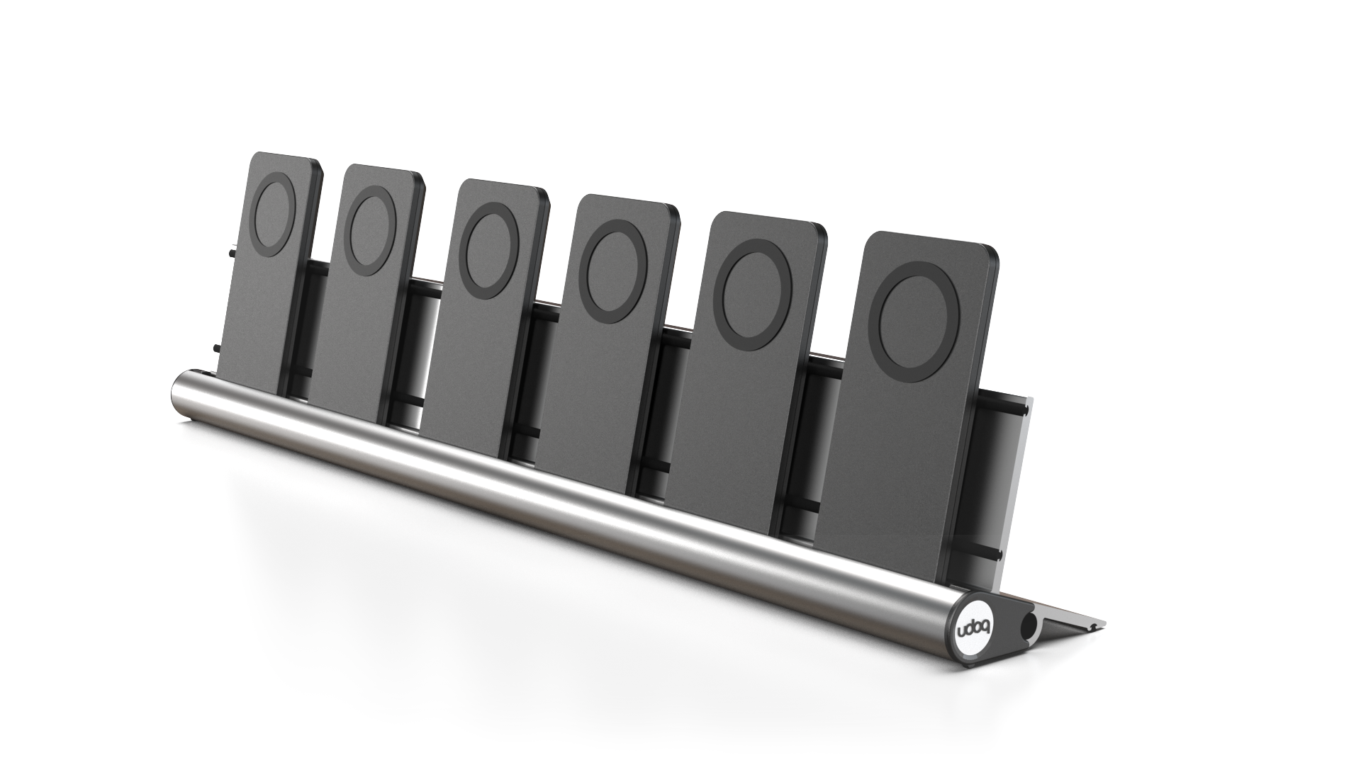udoq 550 PRO silber - 6 fach Ladestation gefräst und eloxiert aus solidem Aluminium. Exklusives Design mit patentierten verschiebbaren Anschlüssen. Lade platzsparend alle iPhones und AirPods, Apple Watch und Android Geräte mit bis zu 136W.