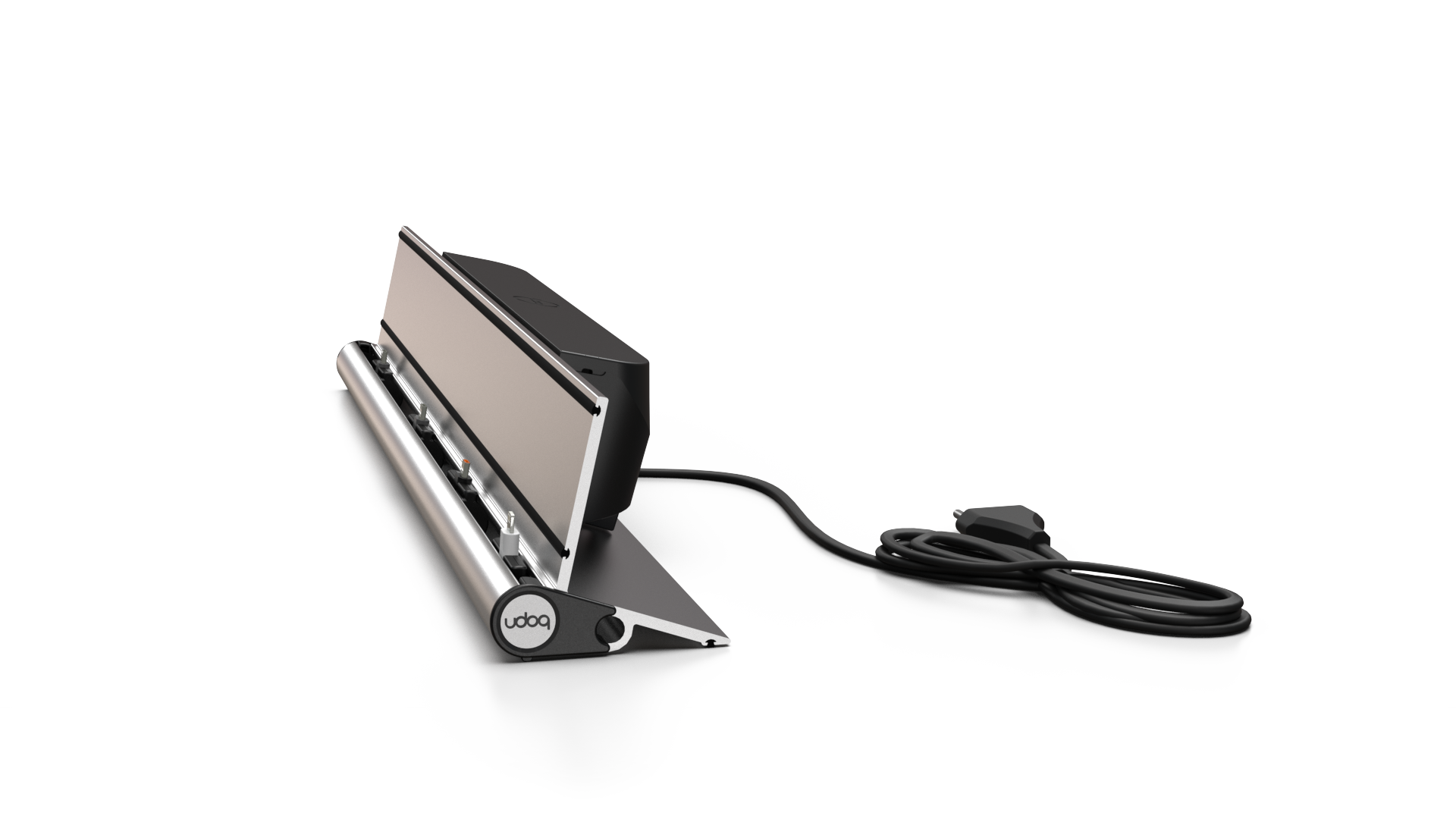 udoq 550 STARTER silber - 5 fach Ladestation gefräst und eloxiert aus solidem Aluminium. Exklusives Design mit patentierten verschiebbaren Anschlüssen. Lade platzsparend alle iPad, iPhone, AirPods, Apple Watch und Android Geräte mit bis zu 136W.