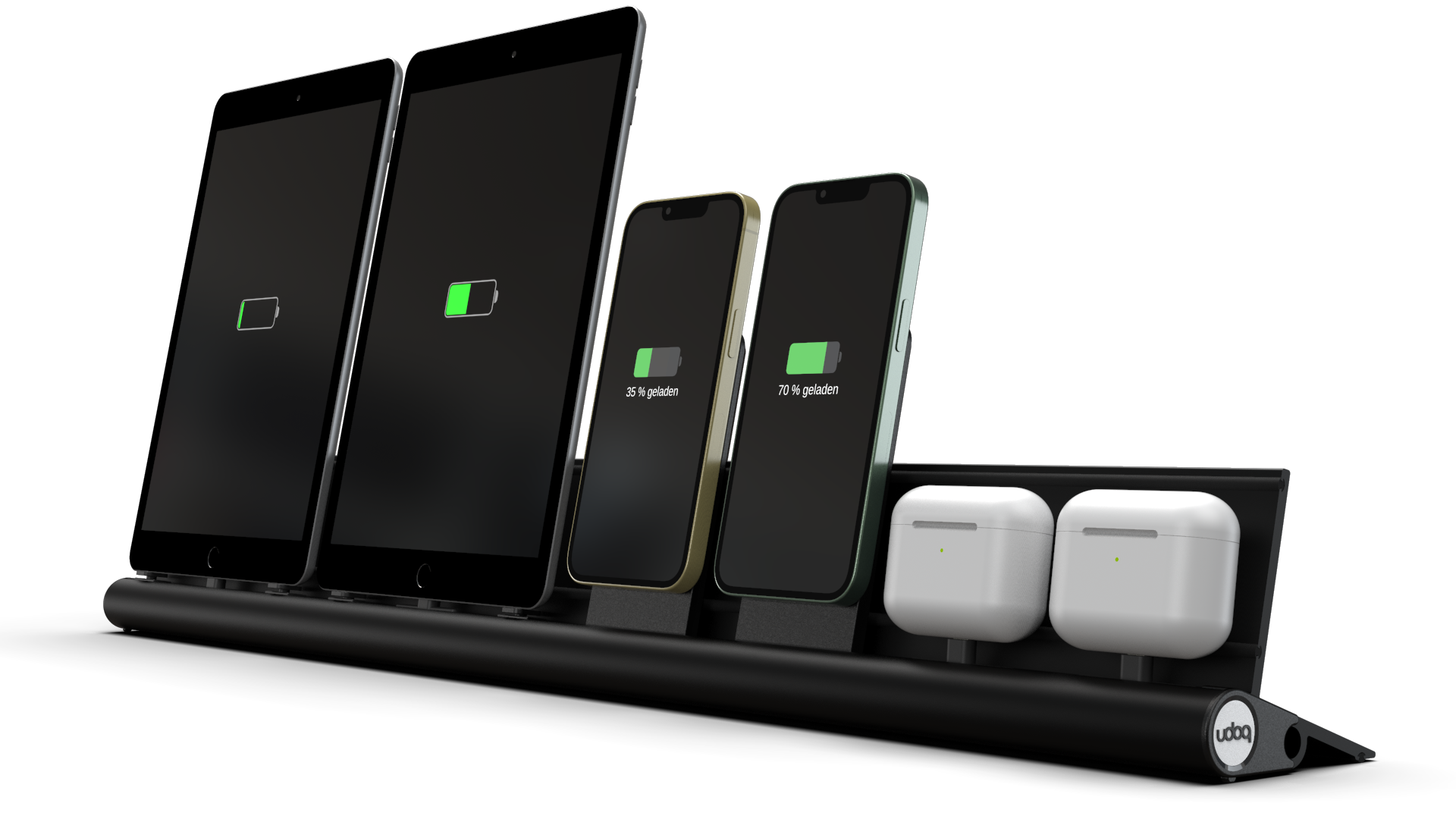 udoq 700 PREMIUM schwarz - 6 fach Ladestation gefräst und eloxiert aus solidem Aluminium. Exklusives Design mit patentierten verschiebbaren Anschlüssen. Lade platzsparend alle iPad, iPhone, AirPods, Apple Watch und Android Geräte mit bis zu 136W.