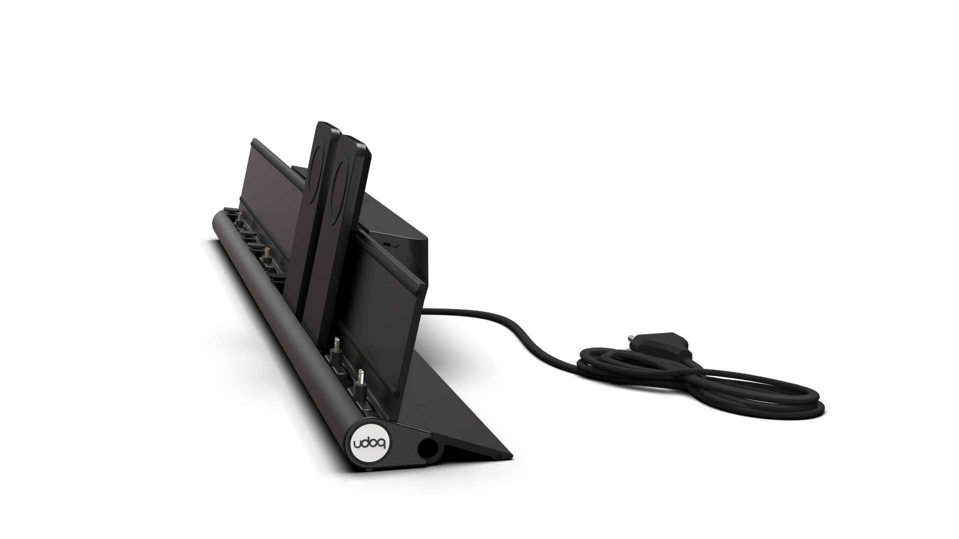 udoq 700 PREMIUM schwarz - 6 fach Ladestation gefräst und eloxiert aus solidem Aluminium. Exklusives Design mit patentierten verschiebbaren Anschlüssen. Lade platzsparend alle iPad, iPhone, AirPods, Apple Watch und Android Geräte mit bis zu 136W.