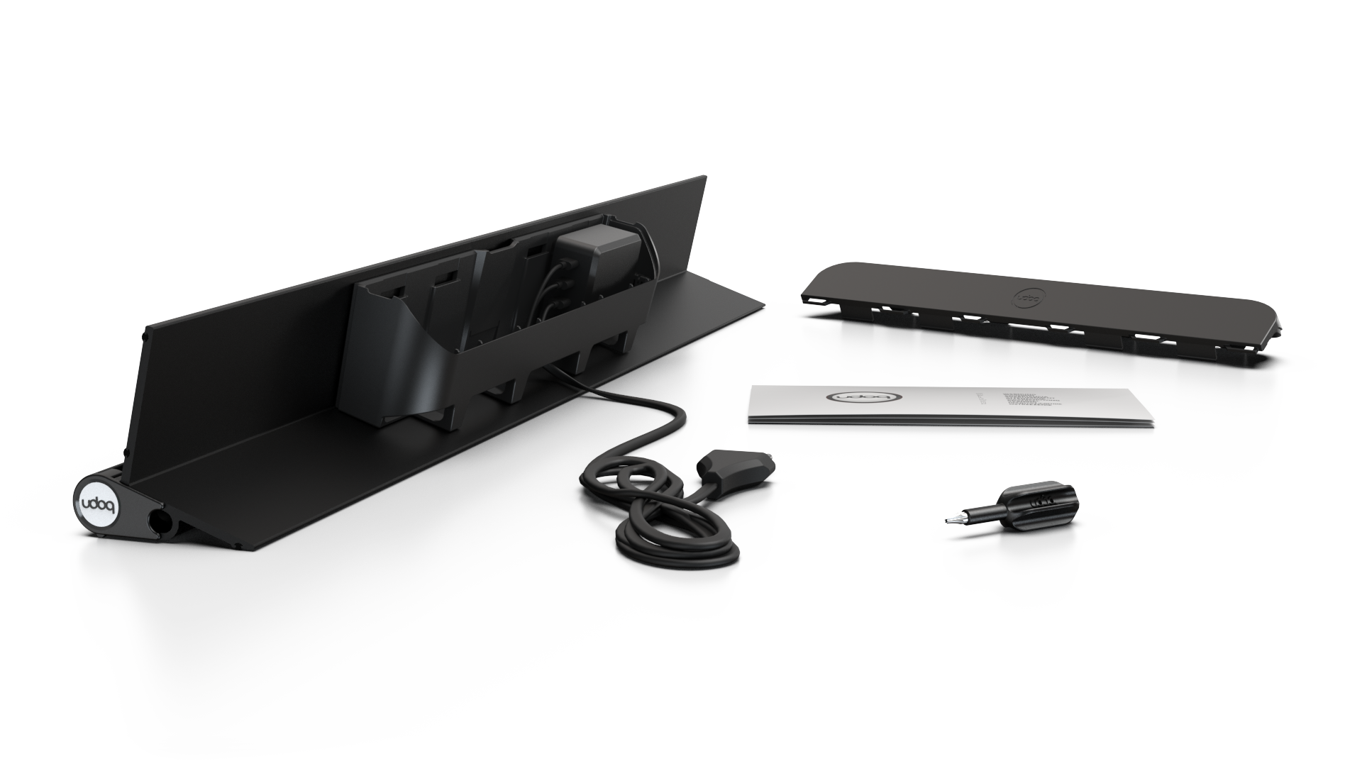 udoq 700 STARTER schwarz - 5 fach Ladestation gefräst und eloxiert aus solidem Aluminium. Exklusives Design mit patentierten verschiebbaren Anschlüssen. Lade platzsparend alle iPad, iPhone, AirPods, Apple Watch und Android Geräte mit bis zu 136W.