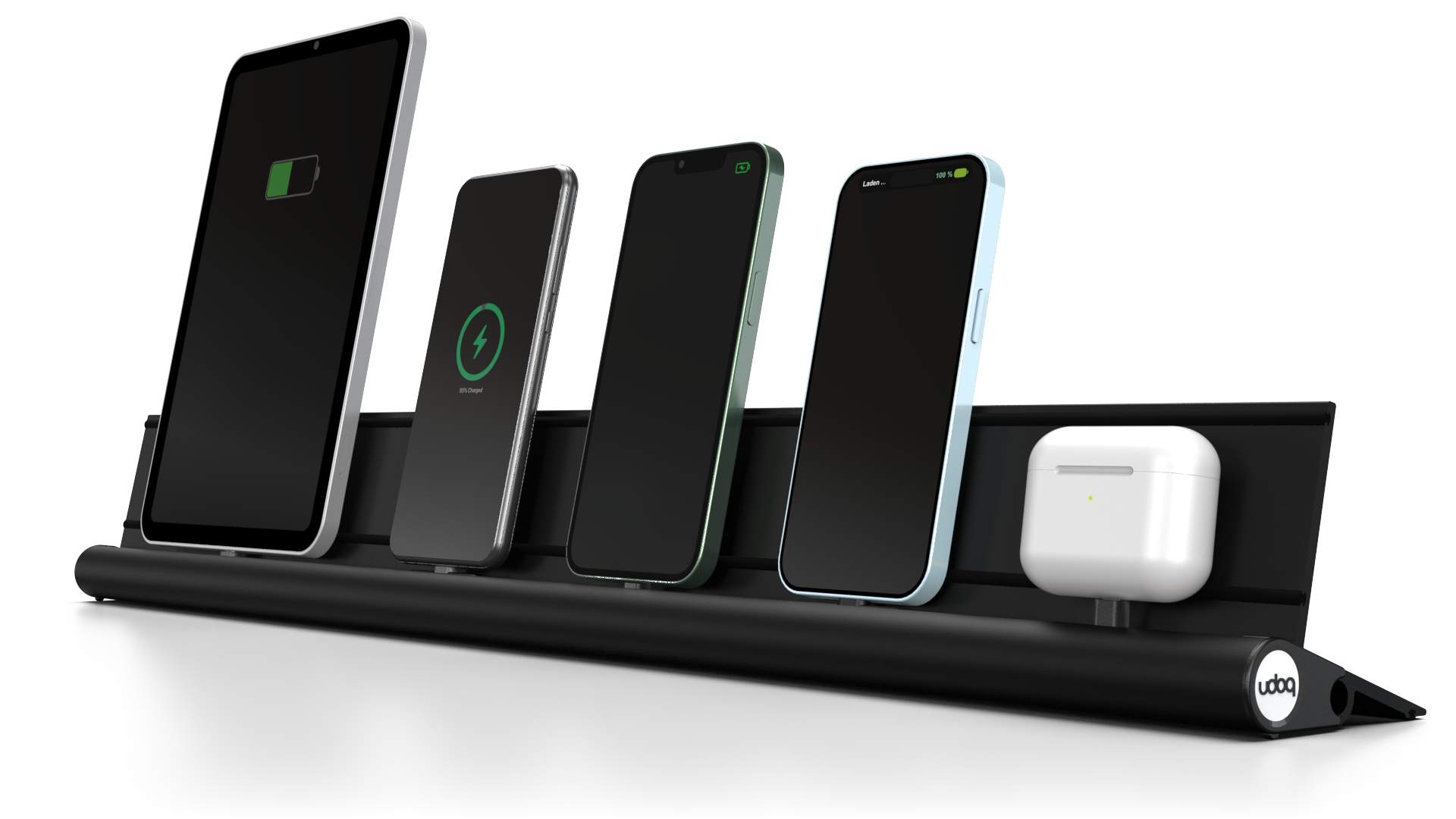 udoq 700 STARTER schwarz - 5 fach Ladestation gefräst und eloxiert aus solidem Aluminium. Exklusives Design mit patentierten verschiebbaren Anschlüssen. Lade platzsparend alle iPad, iPhone, AirPods, Apple Watch und Android Geräte mit bis zu 136W.