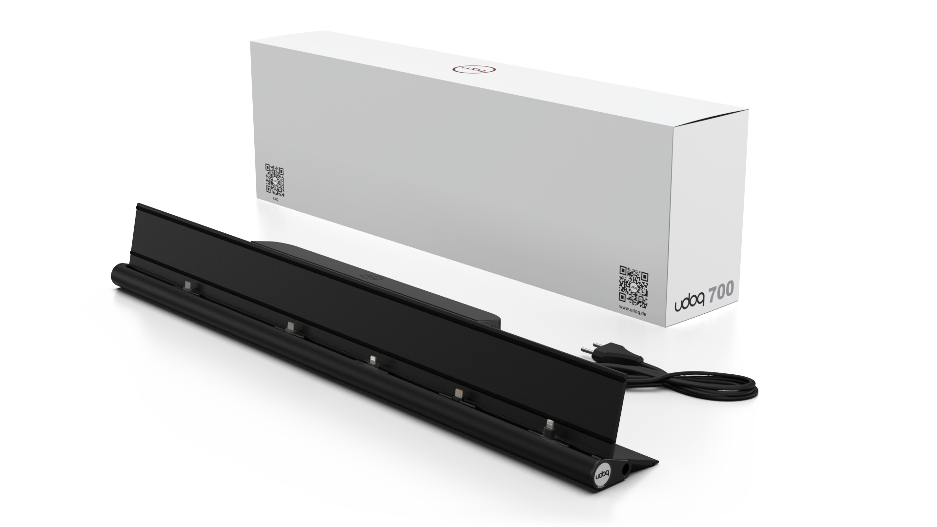 udoq 700 STARTER schwarz - 5 fach Ladestation gefräst und eloxiert aus solidem Aluminium. Exklusives Design mit patentierten verschiebbaren Anschlüssen. Lade platzsparend alle iPad, iPhone, AirPods, Apple Watch und Android Geräte mit bis zu 136W.