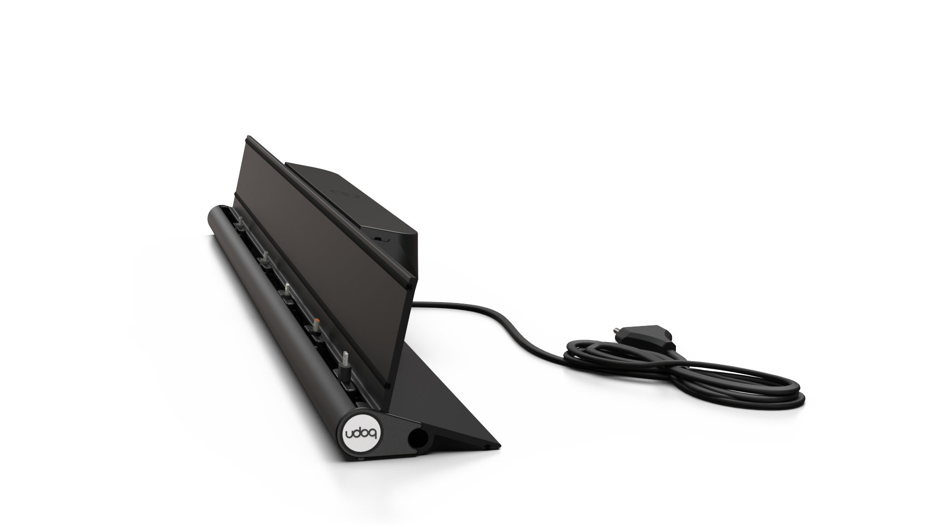 udoq 700 STARTER schwarz - 5 fach Ladestation gefräst und eloxiert aus solidem Aluminium. Exklusives Design mit patentierten verschiebbaren Anschlüssen. Lade platzsparend alle iPad, iPhone, AirPods, Apple Watch und Android Geräte mit bis zu 136W.