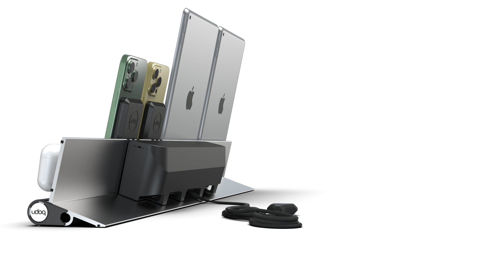 udoq 700 PREMIUM silber - 6 fach Ladestation gefräst und eloxiert aus solidem Aluminium. Exklusives Design mit patentierten verschiebbaren Anschlüssen. Lade platzsparend alle iPad, iPhone, AirPods, Apple Watch und Android Geräte mit bis zu 136W.