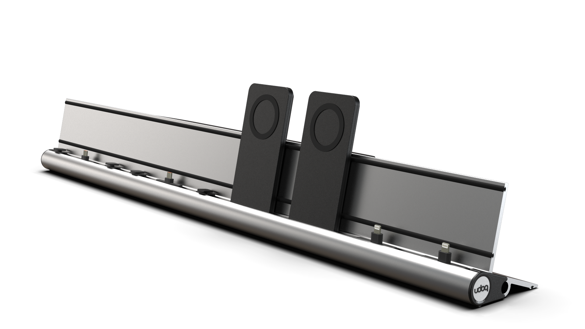 udoq 700 PREMIUM silber - 6 fach Ladestation gefräst und eloxiert aus solidem Aluminium. Exklusives Design mit patentierten verschiebbaren Anschlüssen. Lade platzsparend alle iPad, iPhone, AirPods, Apple Watch und Android Geräte mit bis zu 136W.
