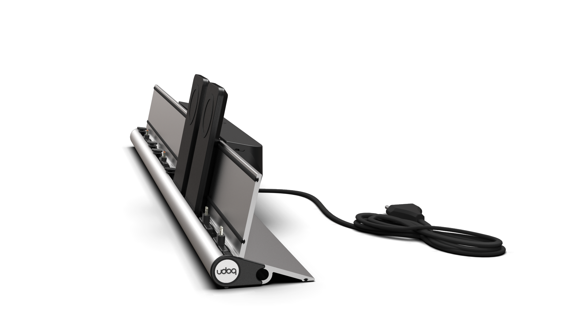 udoq 700 PREMIUM silber - 6 fach Ladestation gefräst und eloxiert aus solidem Aluminium. Exklusives Design mit patentierten verschiebbaren Anschlüssen. Lade platzsparend alle iPad, iPhone, AirPods, Apple Watch und Android Geräte mit bis zu 136W.