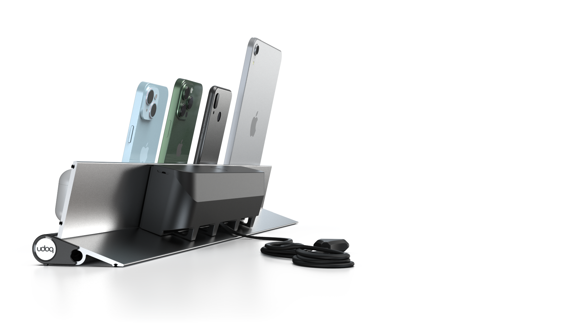 udoq 700 STARTER silber - 5 fach Ladestation gefräst und eloxiert aus solidem Aluminium. Exklusives Design mit patentierten verschiebbaren Anschlüssen. Lade platzsparend alle iPad, iPhone, AirPods, Apple Watch und Android Geräte mit bis zu 136W.