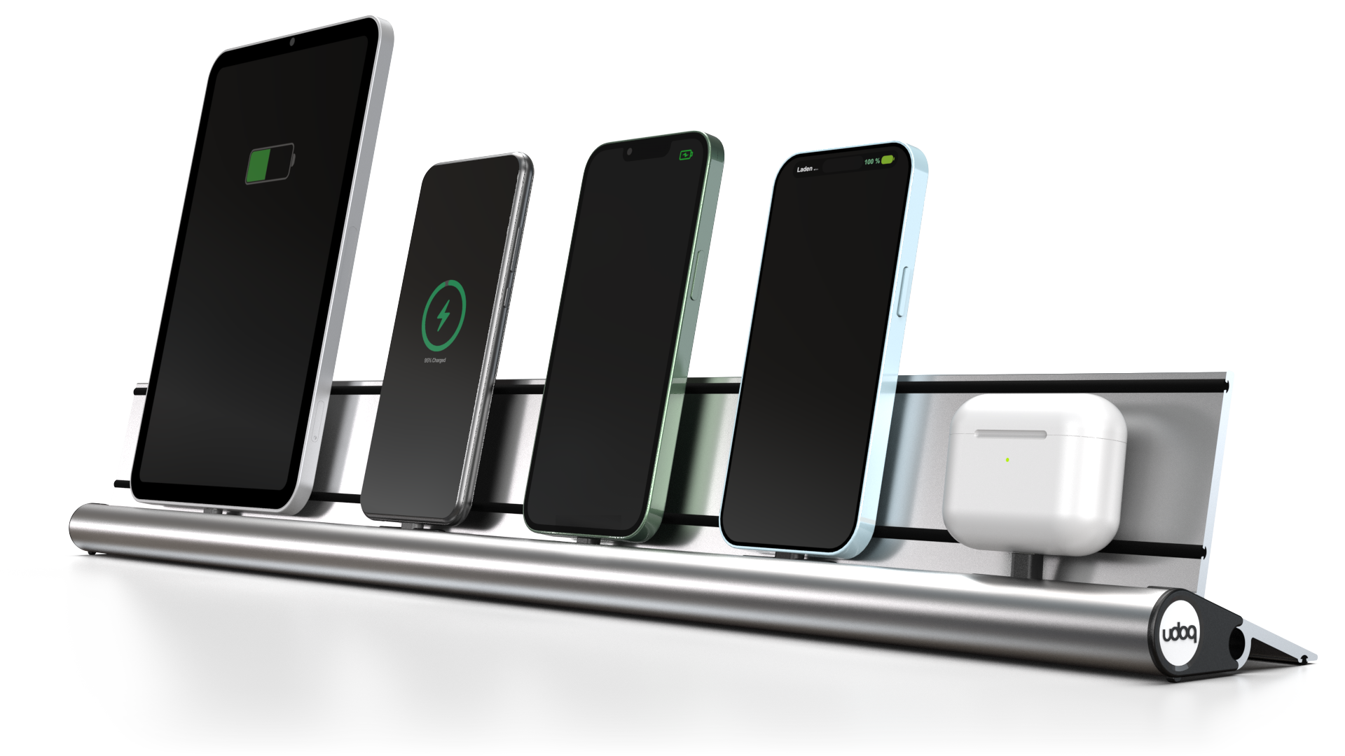 udoq 700 STARTER silber - 5 fach Ladestation gefräst und eloxiert aus solidem Aluminium. Exklusives Design mit patentierten verschiebbaren Anschlüssen. Lade platzsparend alle iPad, iPhone, AirPods, Apple Watch und Android Geräte mit bis zu 136W.