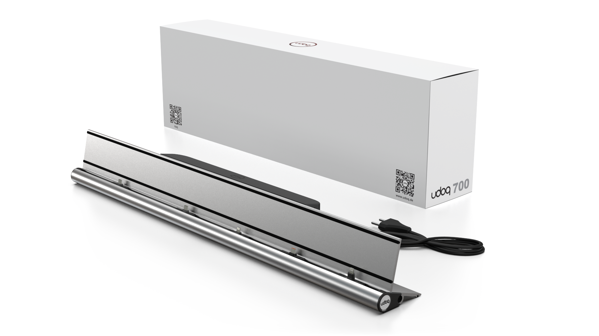 udoq 700 STARTER silber - 5 fach Ladestation gefräst und eloxiert aus solidem Aluminium. Exklusives Design mit patentierten verschiebbaren Anschlüssen. Lade platzsparend alle iPad, iPhone, AirPods, Apple Watch und Android Geräte mit bis zu 136W.