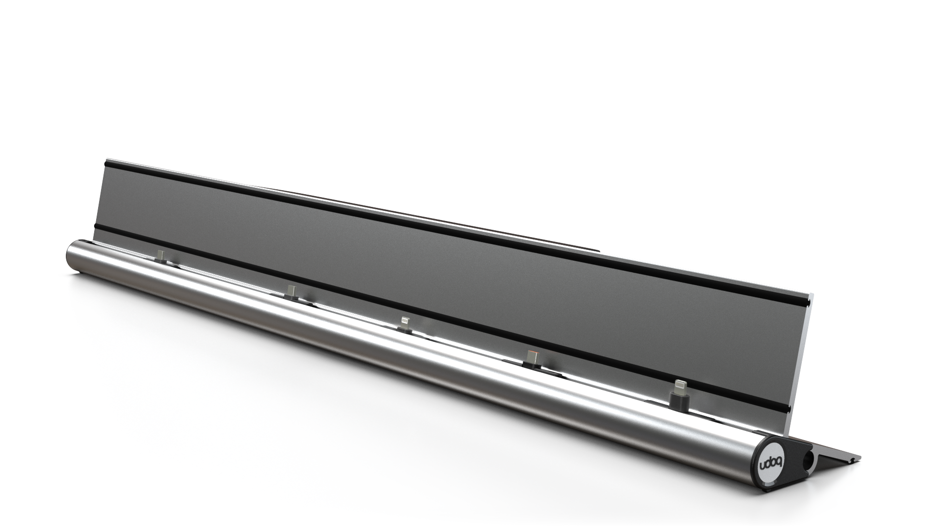 udoq 700 STARTER silber - 5 fach Ladestation gefräst und eloxiert aus solidem Aluminium. Exklusives Design mit patentierten verschiebbaren Anschlüssen. Lade platzsparend alle iPad, iPhone, AirPods, Apple Watch und Android Geräte mit bis zu 136W.