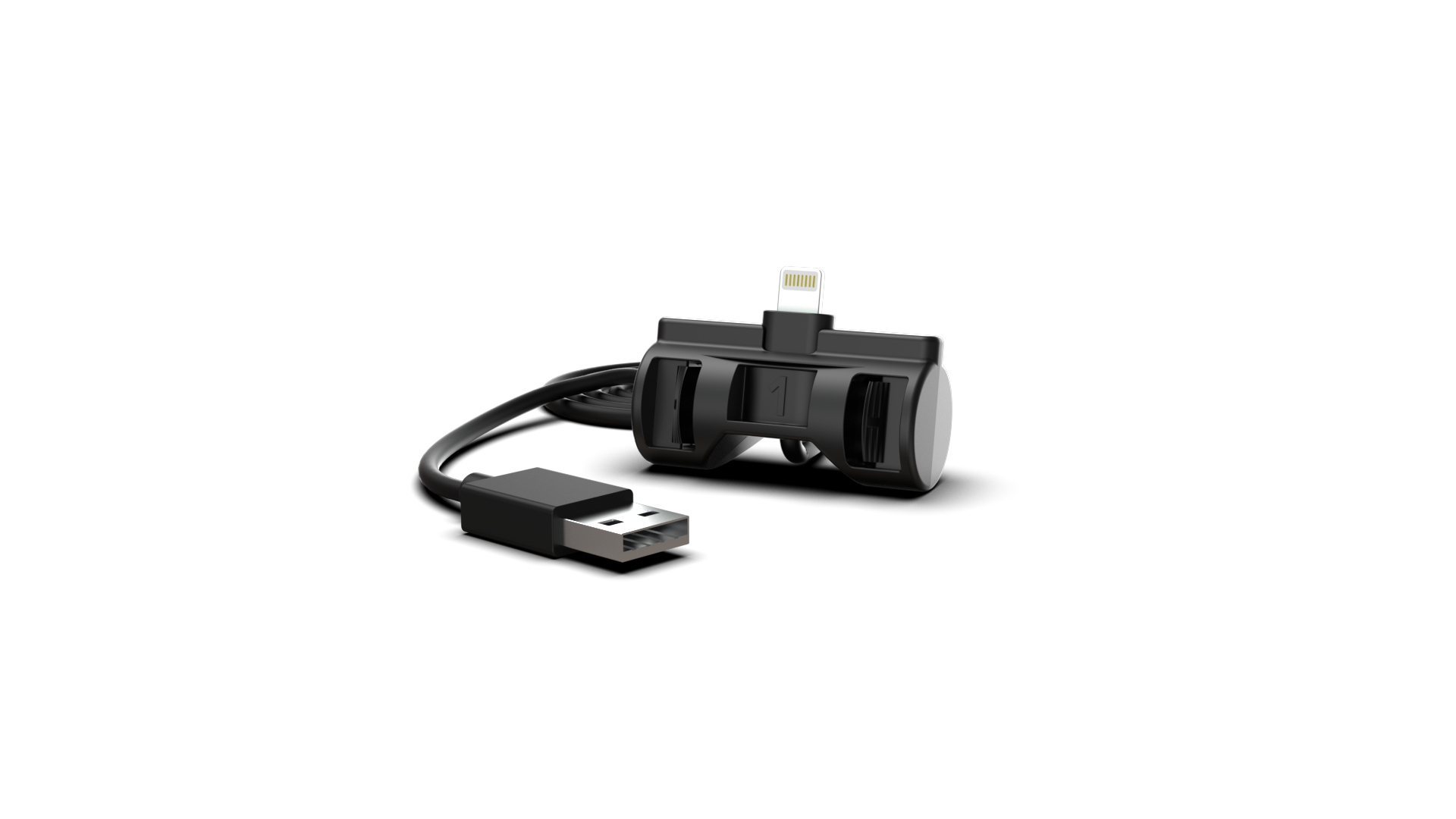 Ein schwarzes KABEL, Apple-Lightning auf USB-A Ladekabel mit Clip-Adapter zur Nutzung mit der udoq Ladeschiene